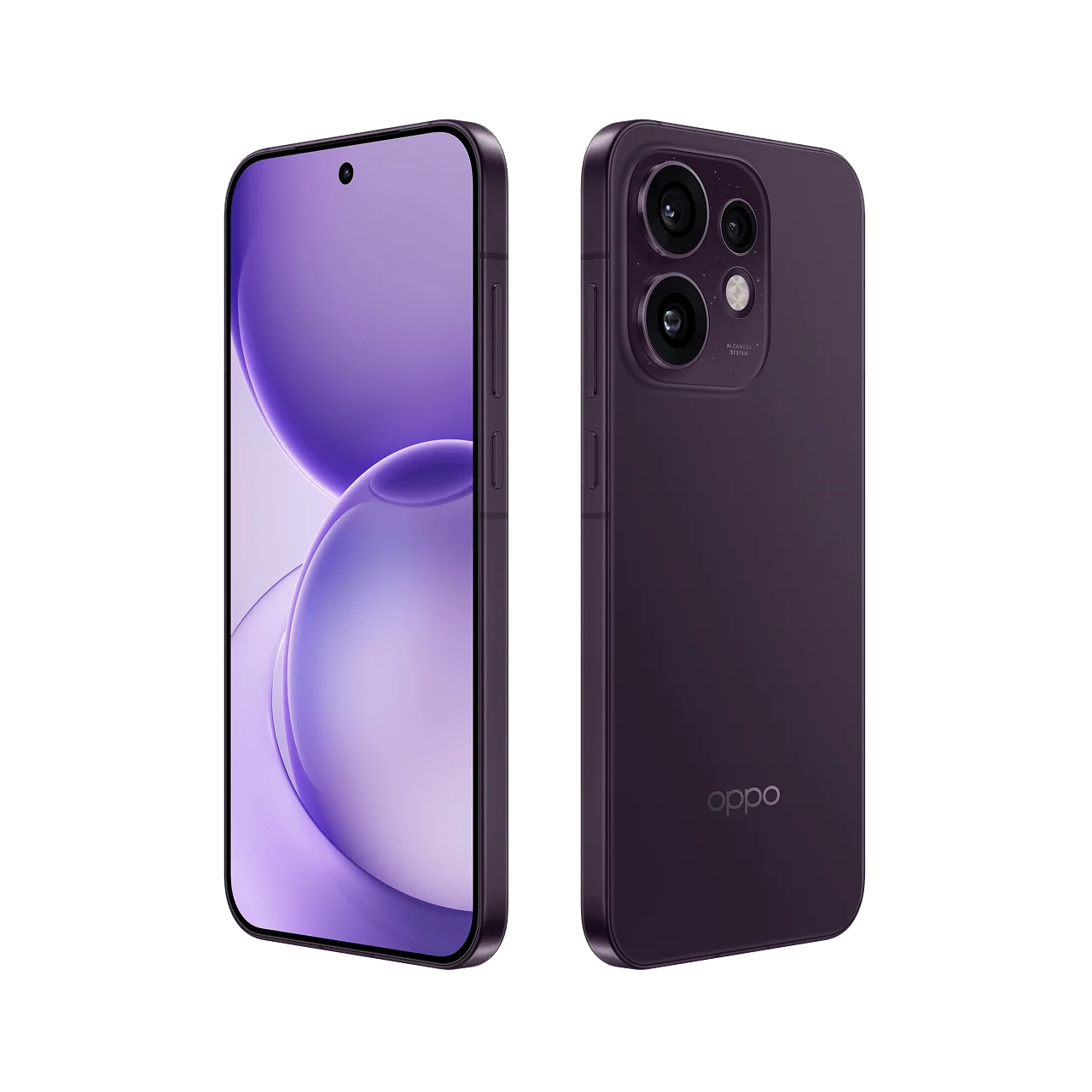 Dos vistas de un teléfono inteligente oscuro con pantalla morada y triple cámara.