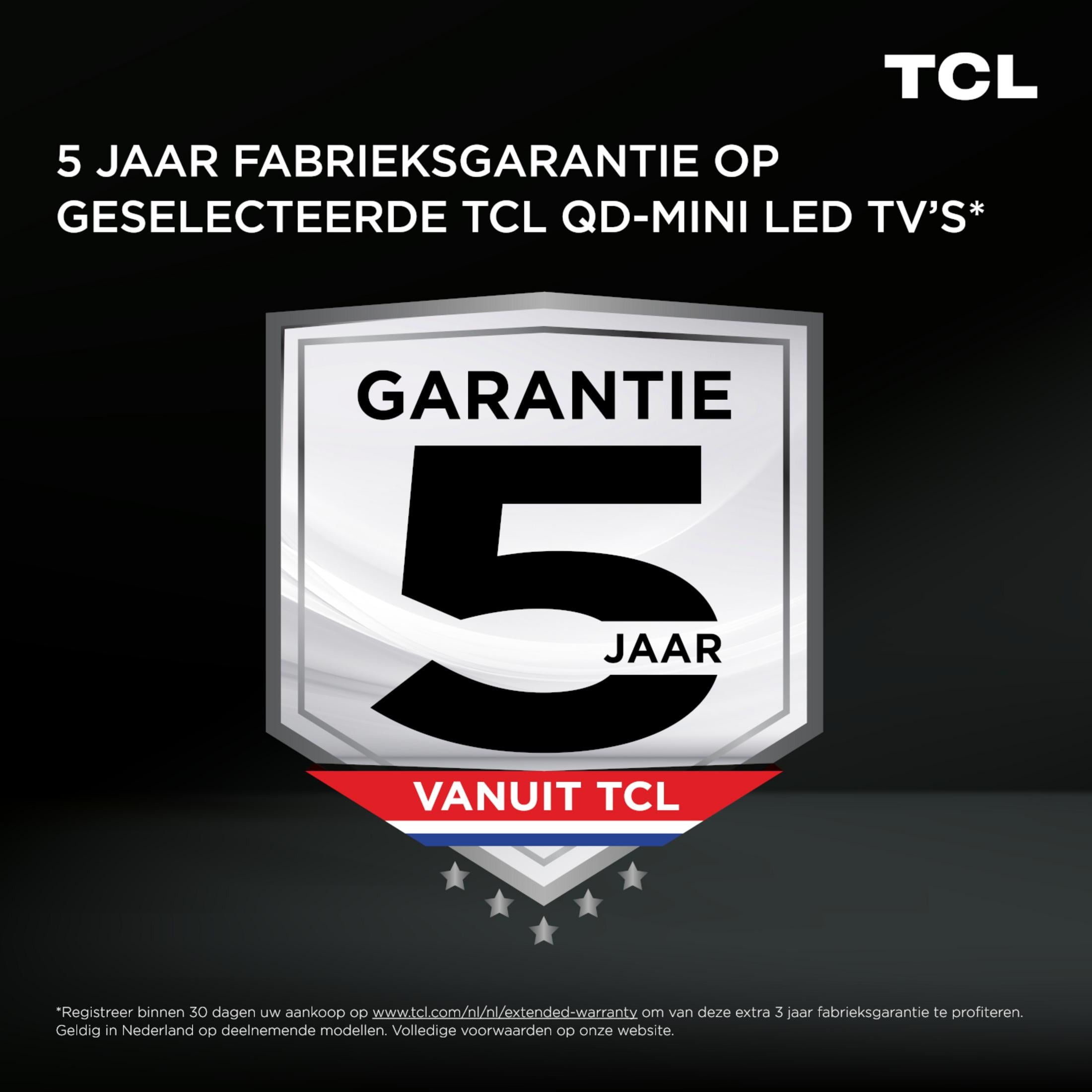 Promoción de TCL de 5 años de garantía en televisores QD-Mini LED seleccionados, con un emblema y un número 5.