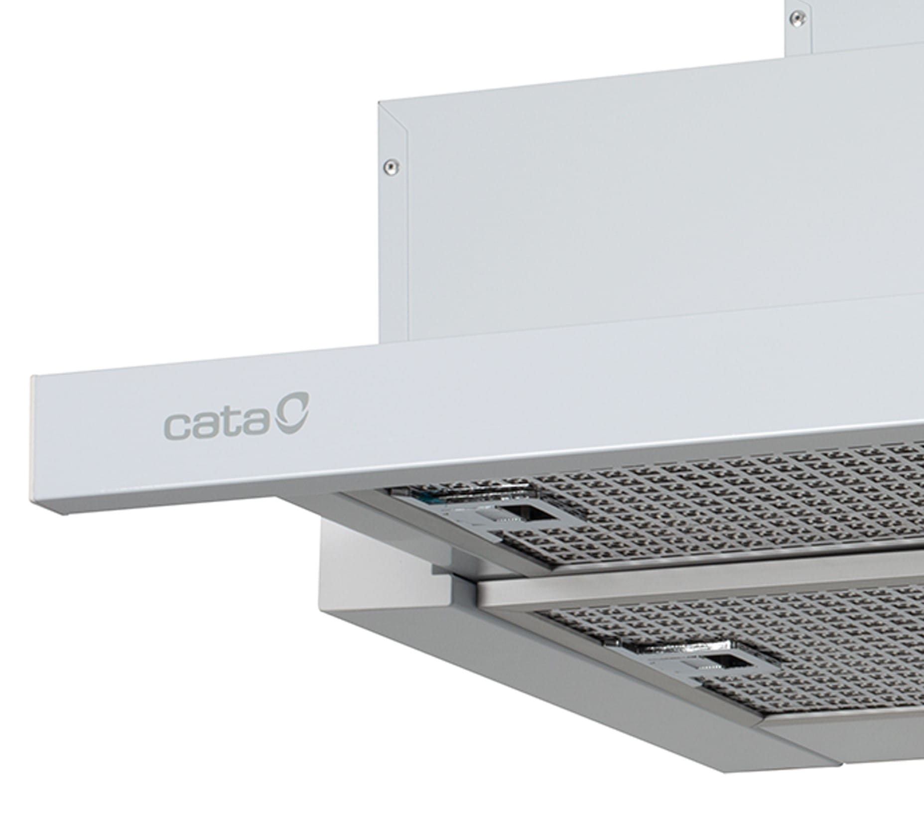 Campana extractora Cata blanca con filtros de metal visibles vista desde abajo.