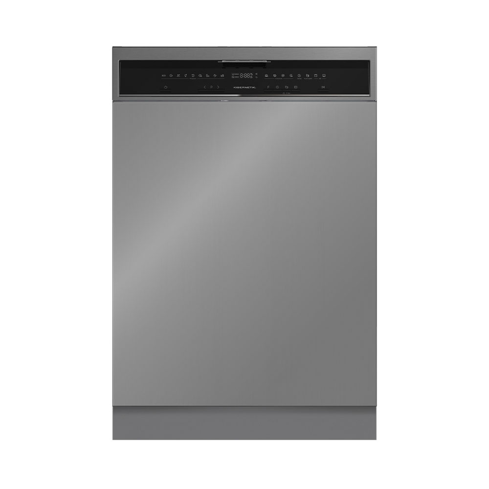 Moderne graue Spülmaschine mit schwarzem Bedienfeld und digitalem Display.
