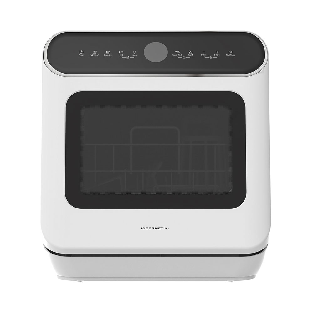 Lave-vaisselle compact blanc avec panneau de commande noir et porte vitrée.