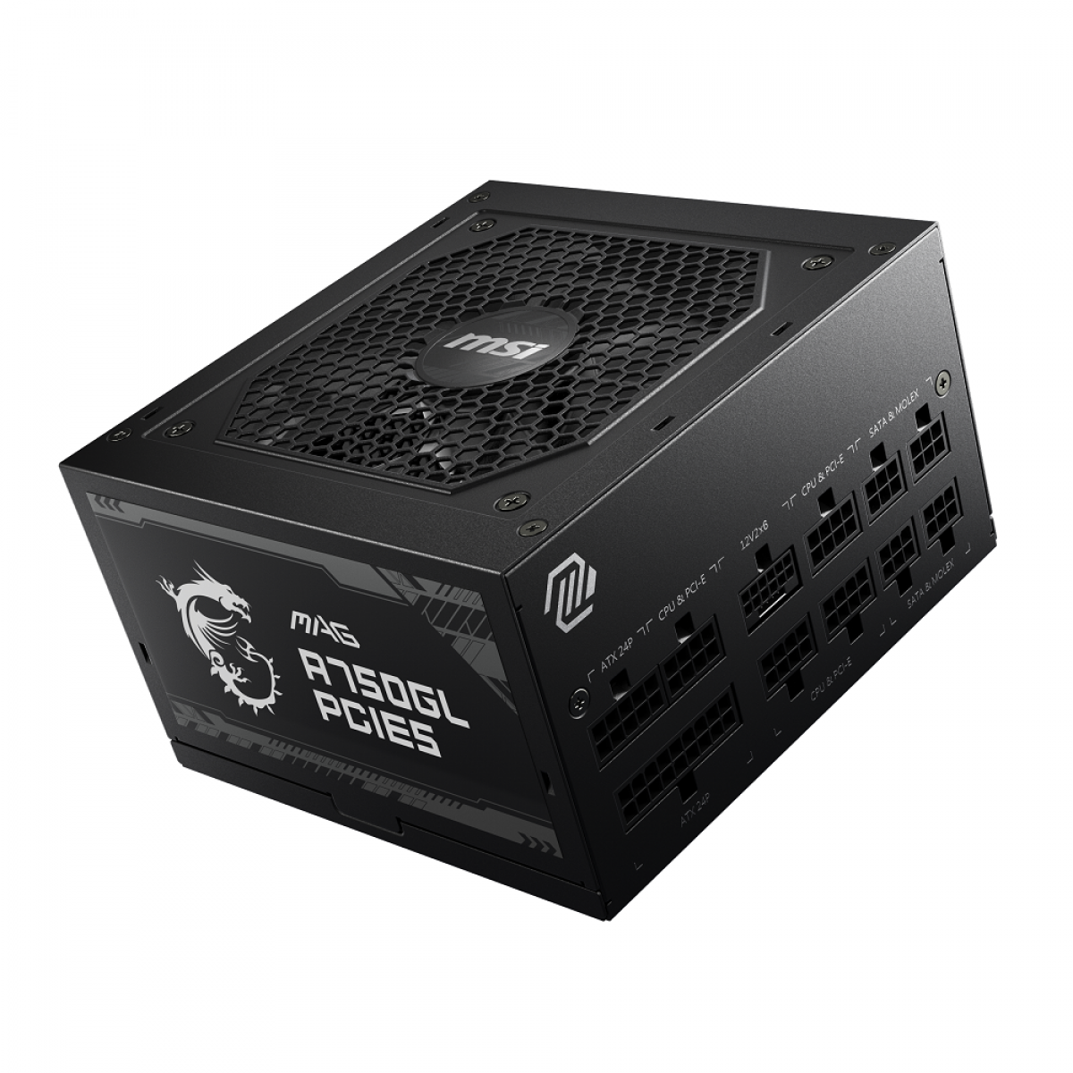 Beyaz arka planda siyah MSI MAG A750GL PCIE5 bilgisayar güç kaynağı.