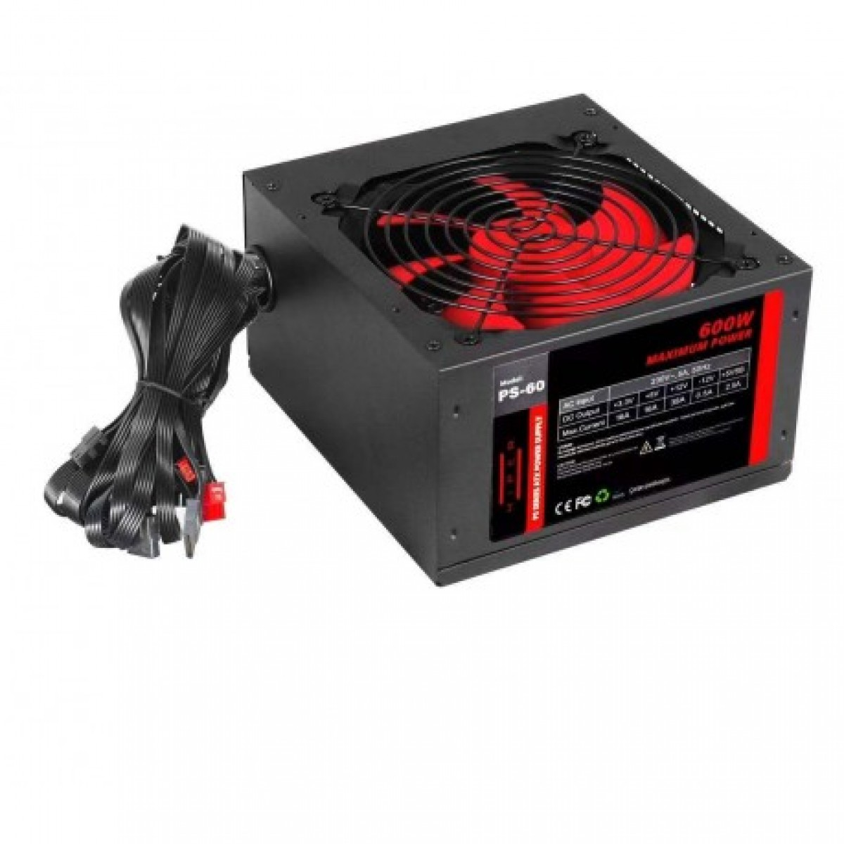 Kırmızı fanlı ve bağlı kablolu siyah 600W bilgisayar güç kaynağı.