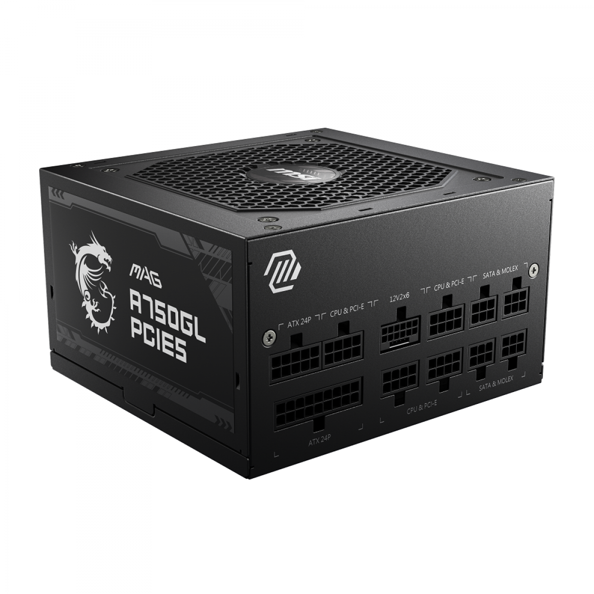 Modüler kablo konnektörlerine ve üst fan ızgarasına sahip siyah MSI MAG A750GL PCIE5 güç kaynağı.