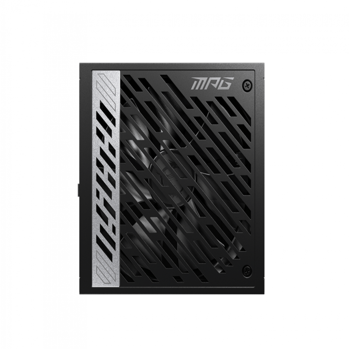 MPG logolu ve iç fan üzerinde çapraz ızgara desenli siyah PC güç kaynağı.