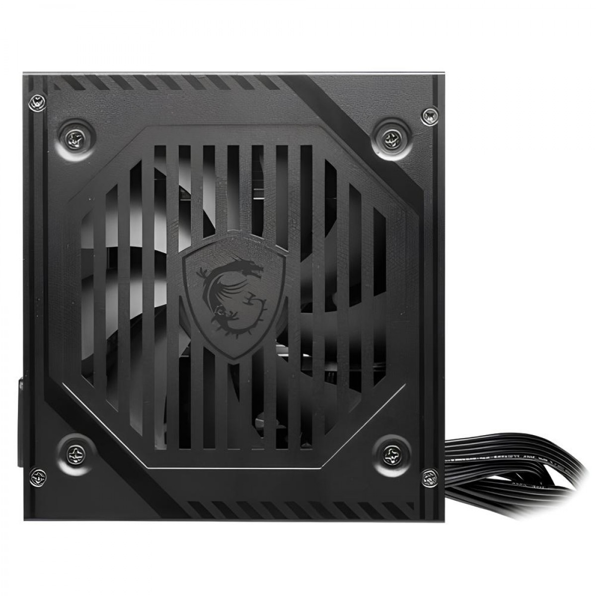 Izgarasında büyük fan ve MSI logosu bulunan siyah PC güç kaynağı.