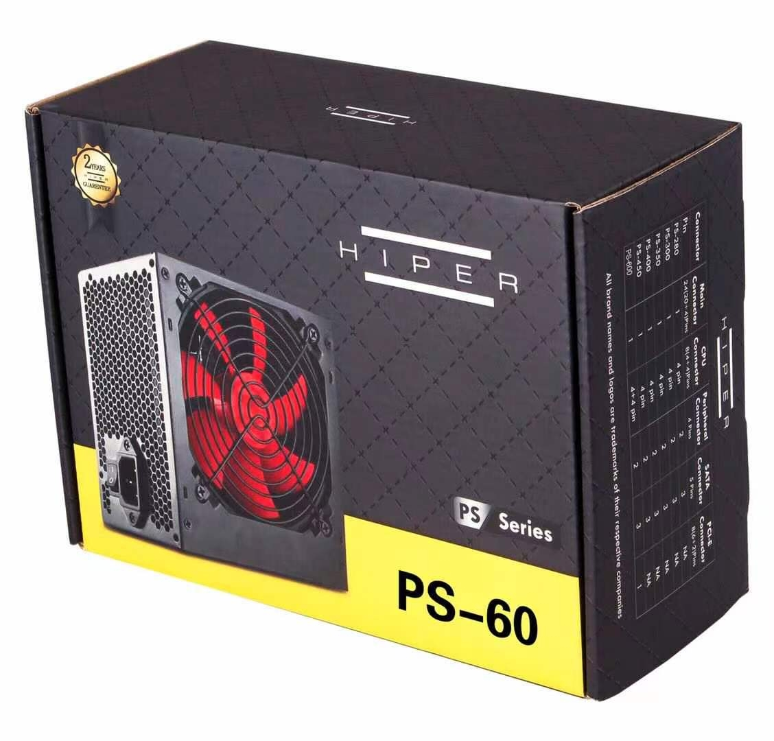 Kırmızı fanlı Hiper PS-600 güç kaynağı için siyah ve sarı karton kutu.