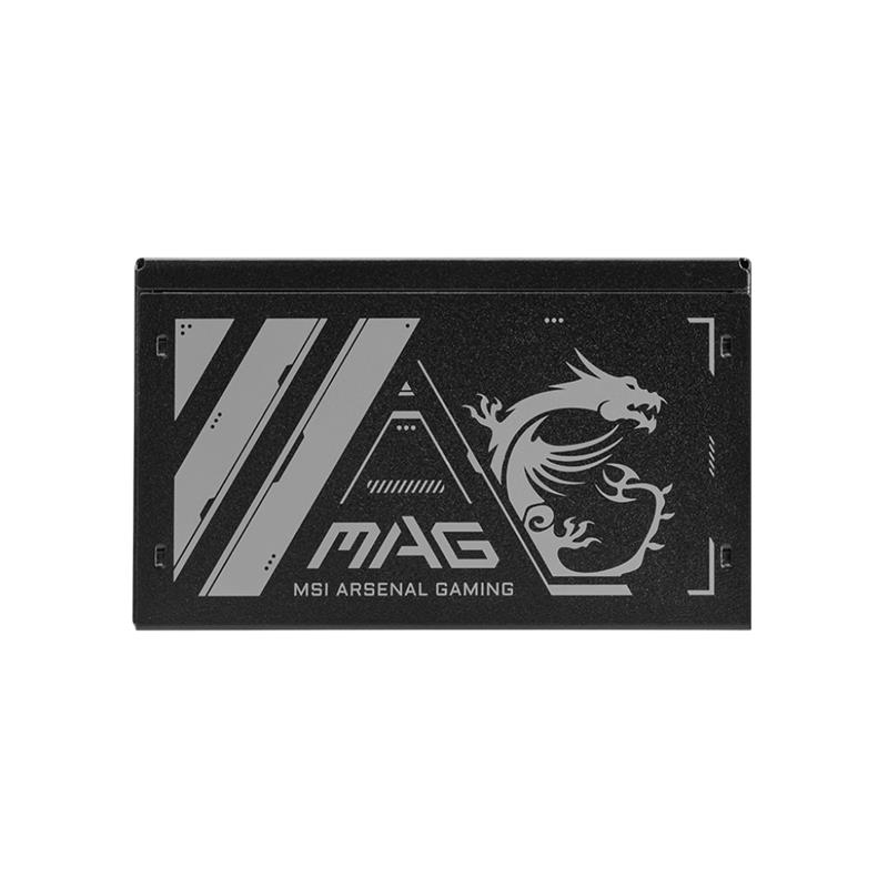 Schwarzes MSI MAG PC-Netzteil mit grauem Drachenlogo und MSI Arsenal Gaming-Schriftzug auf weißem Hintergrund.