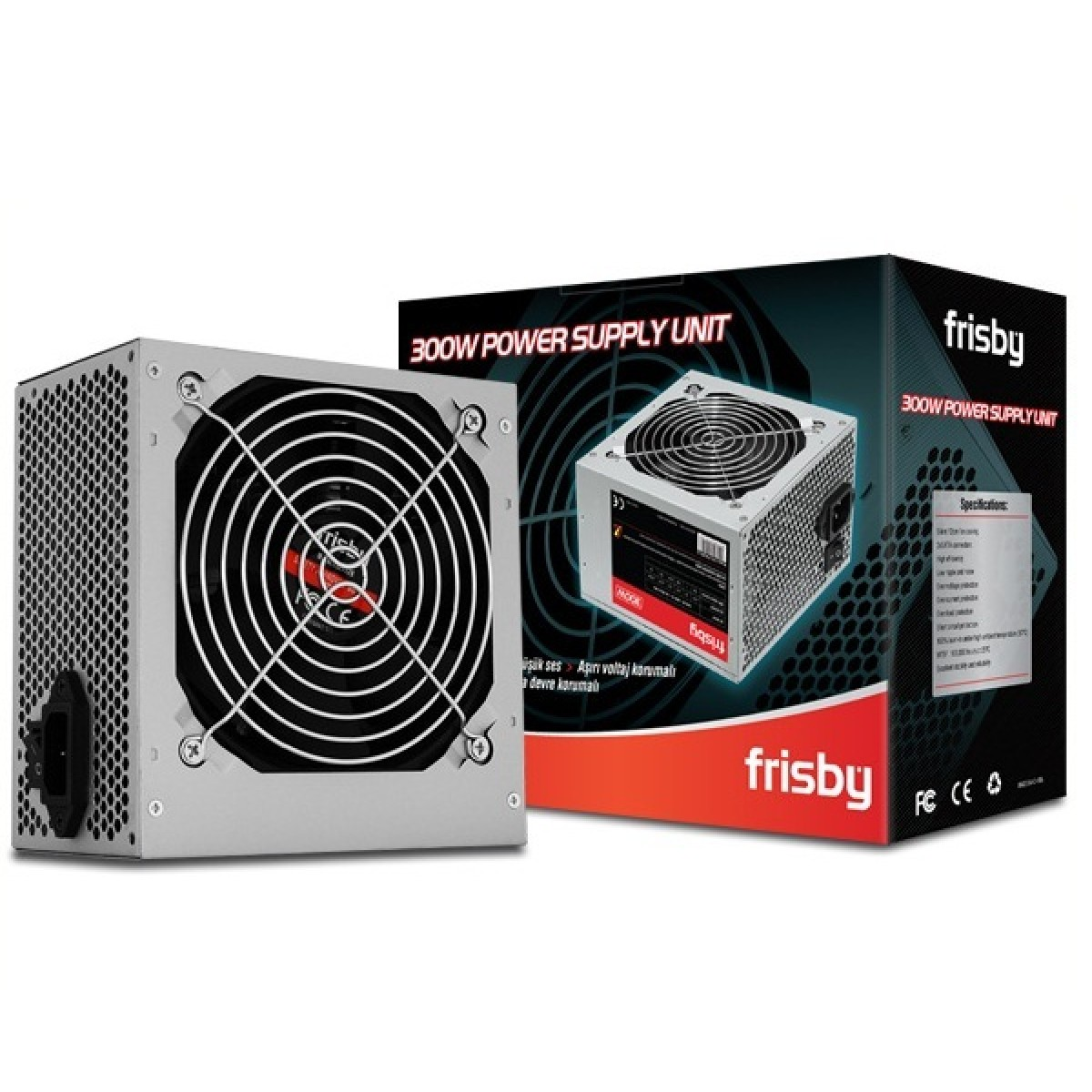 Siyah fan ızgaralı gümüş renkli Frisby 300W güç kaynağı ve kutusu.