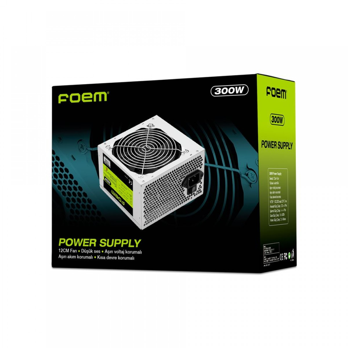Üzerinde güç kaynağı görseli bulunan siyah ve yeşil renkli Foem 300W kutusu.