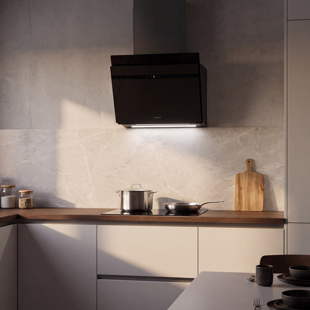 Una cocina moderna con campana negra, olla en la estufa, tabla de cortar y tarros.