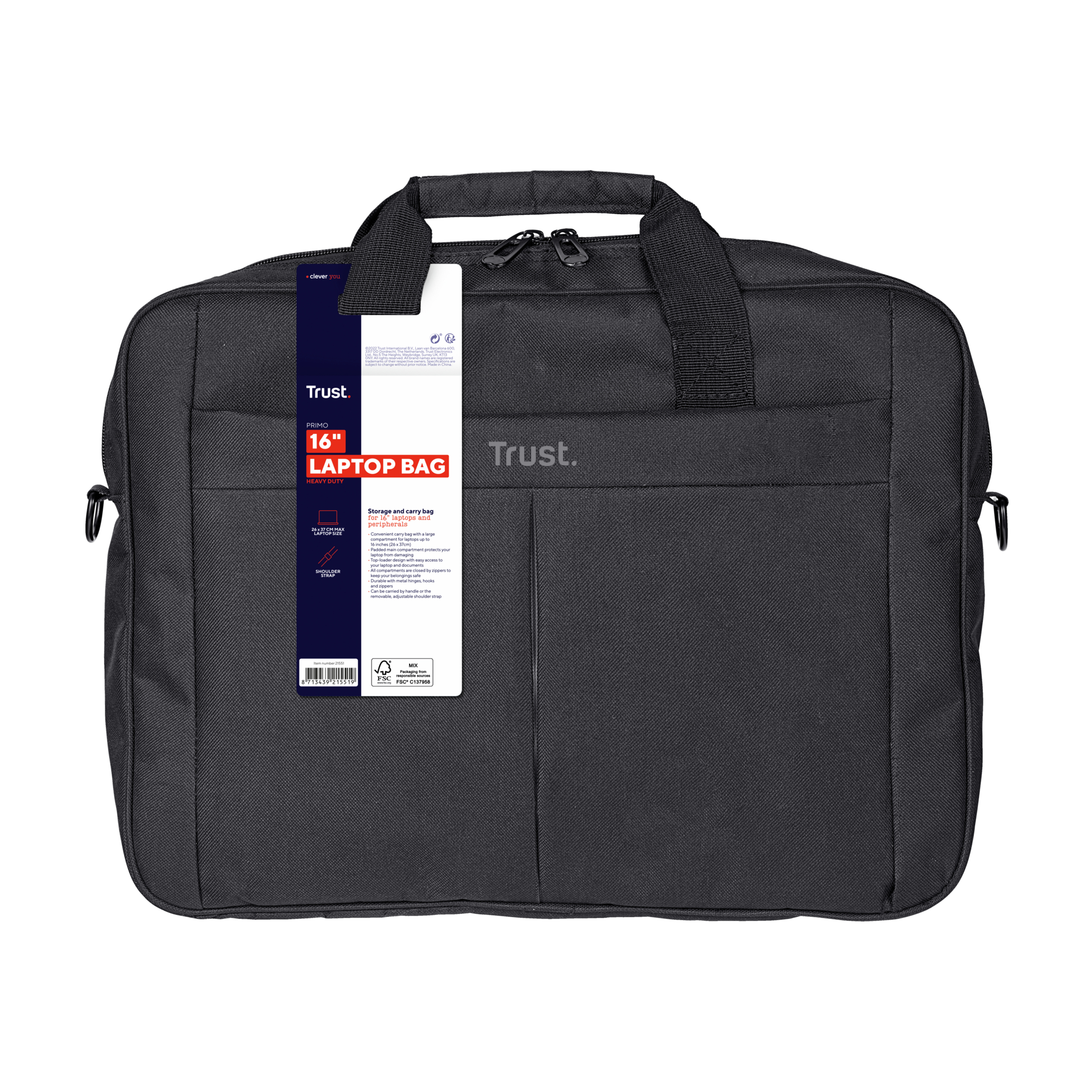 Schwarze Trust Laptoptasche mit Tragegriffen, Reißverschlüssen und einem großen Produktetikett auf der Vorderseite.