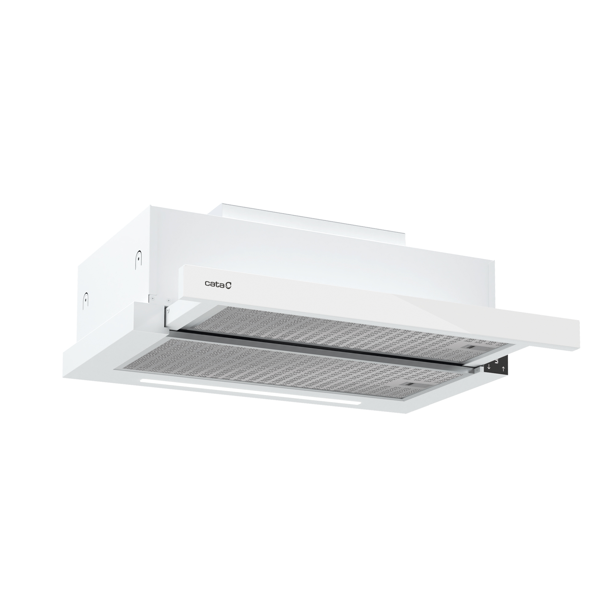 Una campana extractora blanca con filtros metálicos y el logotipo de Cata, aislada sobre fondo blanco.