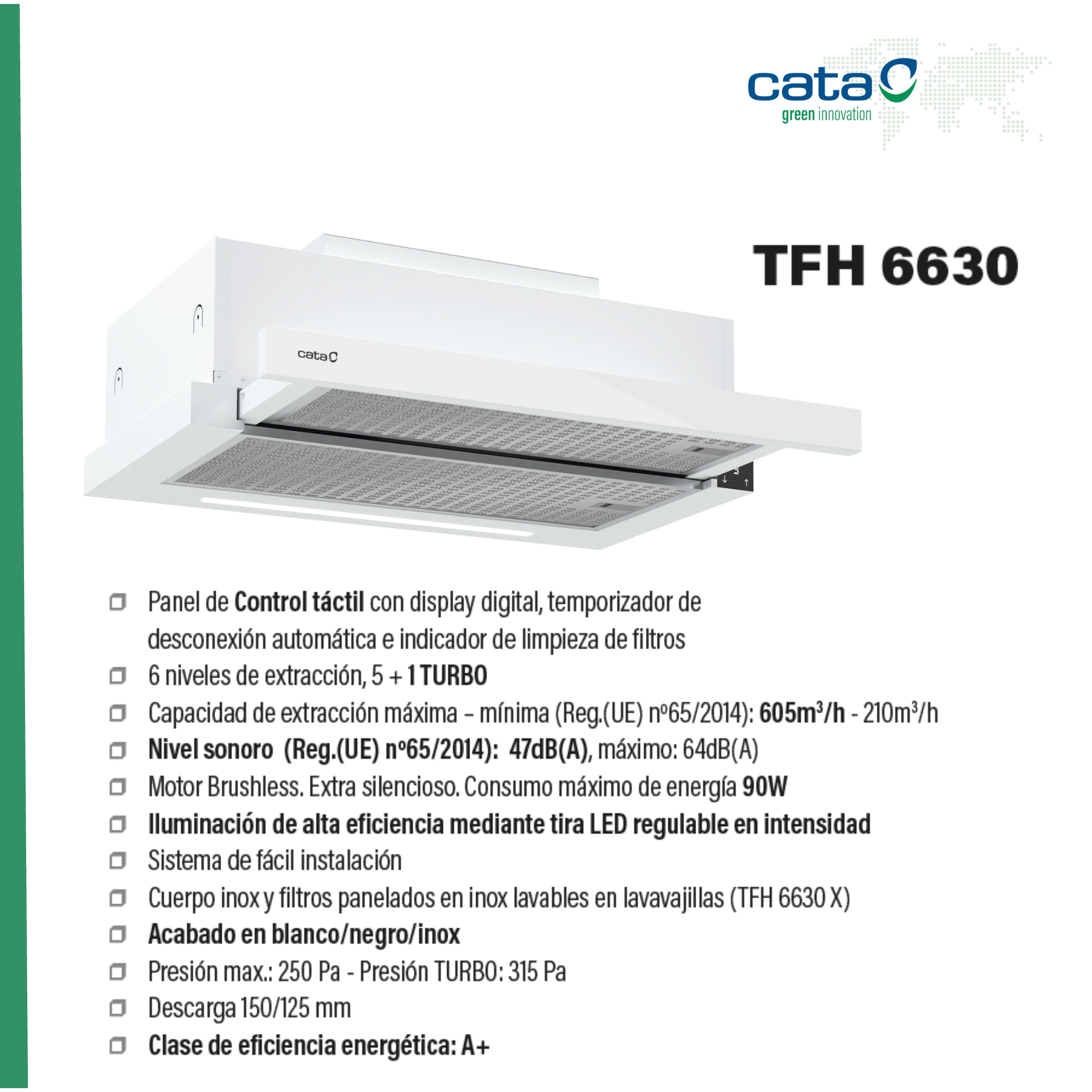 Campana extractora blanca Cata TFH 6630 con especificaciones técnicas.