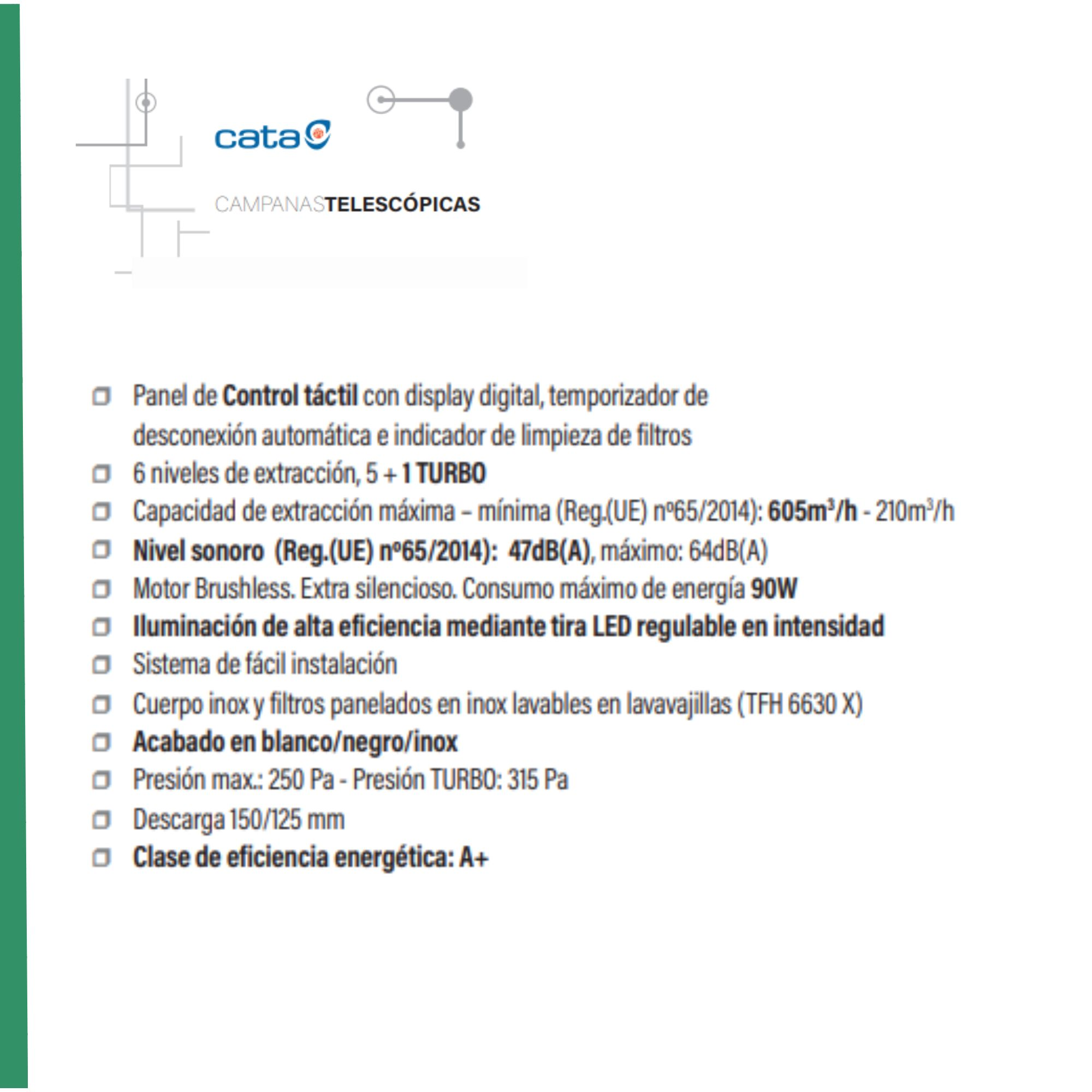 Especificaciones de campanas telescópicas Cata en español, incluyendo panel táctil, niveles de extracción y ruido.