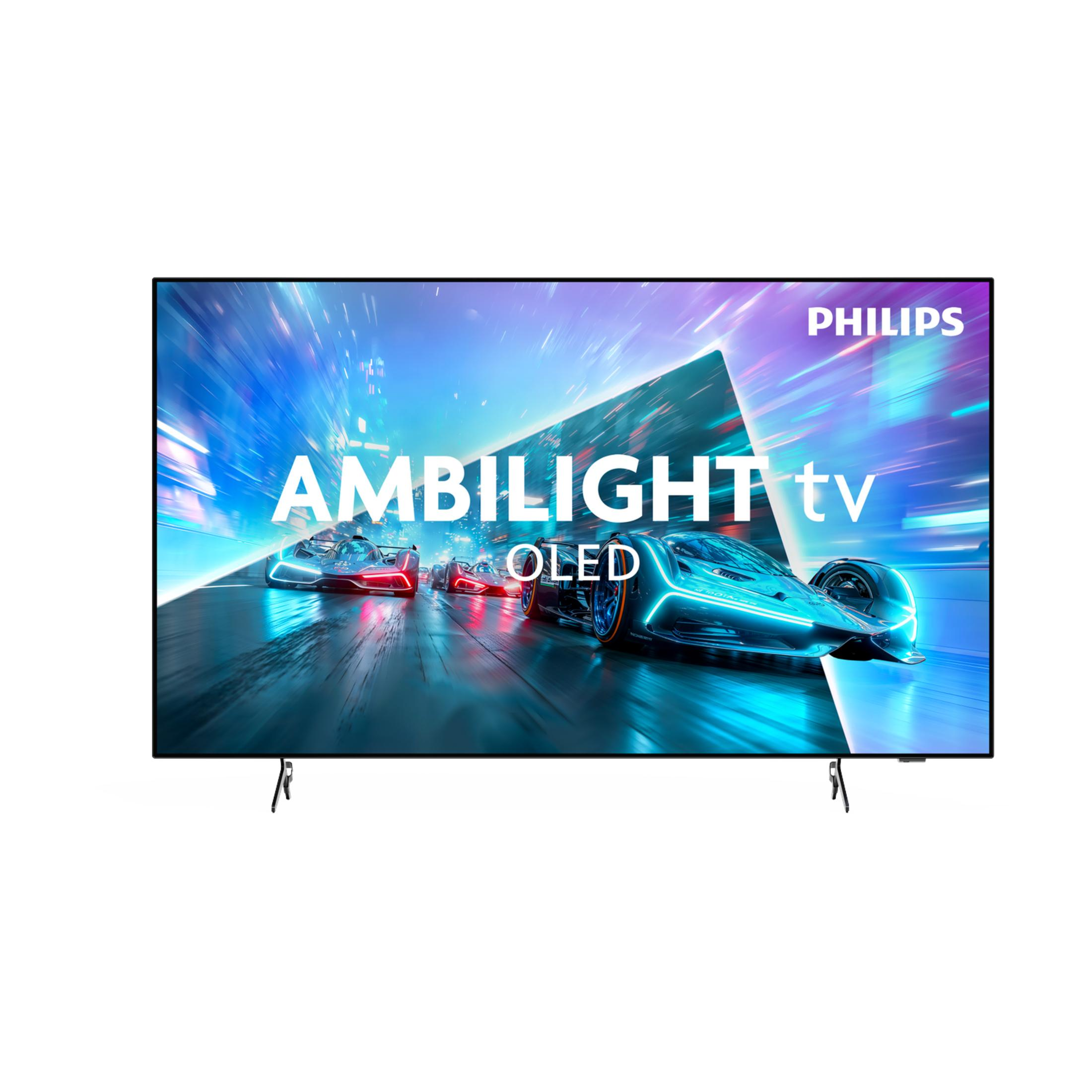 Telewizor OLED Philips Ambilight z wyścigiem na ekranie.