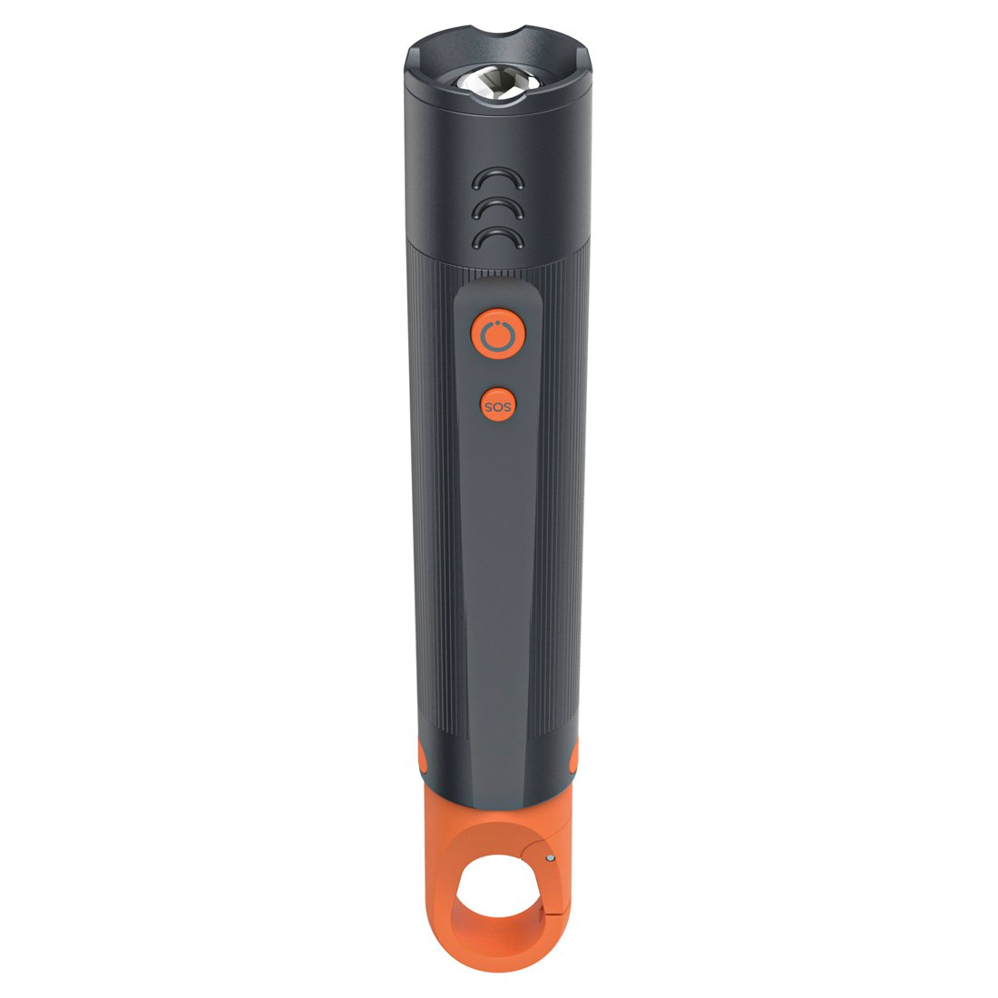 Linterna táctica gris oscuro con botones naranjas y una base de mosquetón naranja.