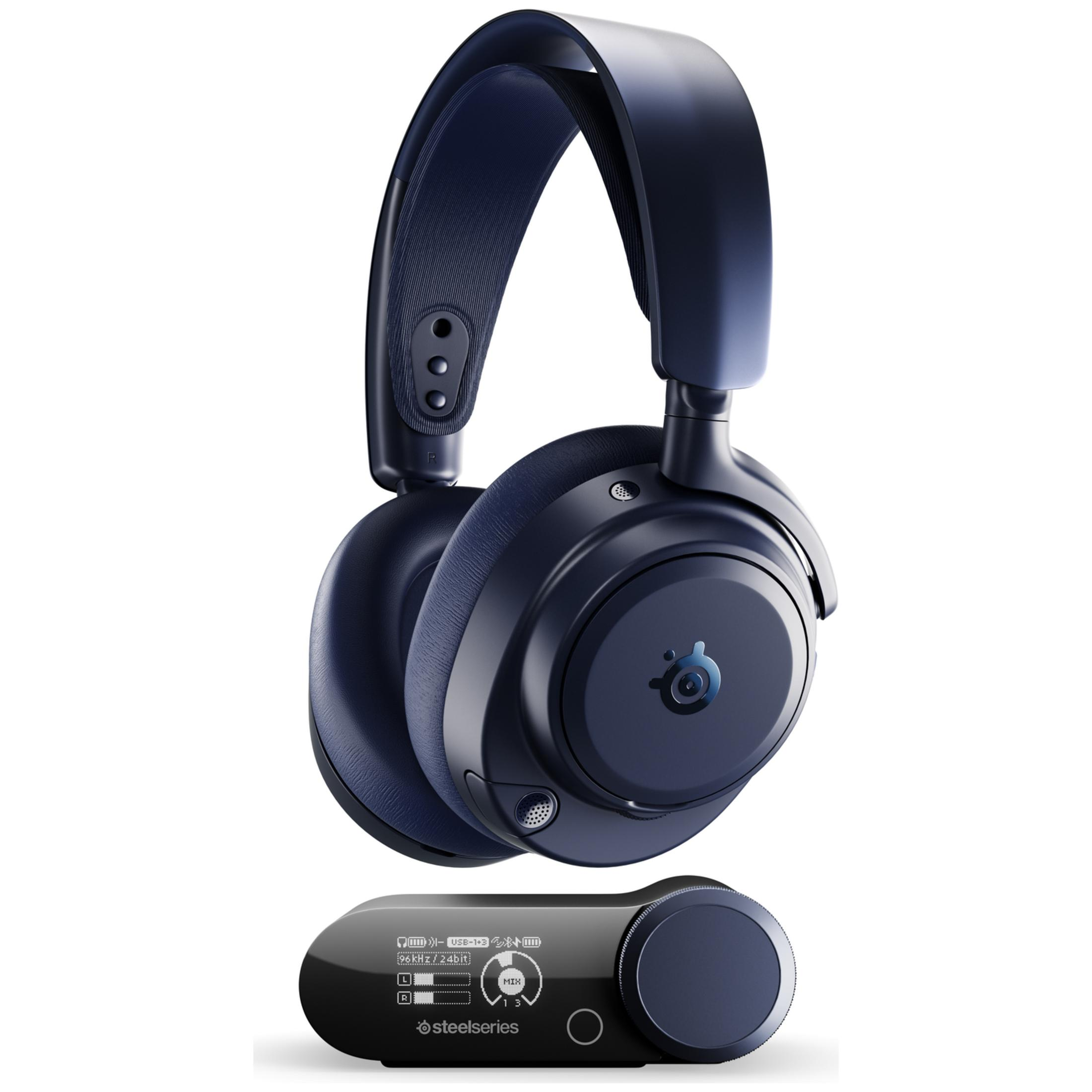 Cuffie da gaming wireless over-ear blu scuro con base di ricarica wireless abbinata dotata di schermo digitale e manopola.