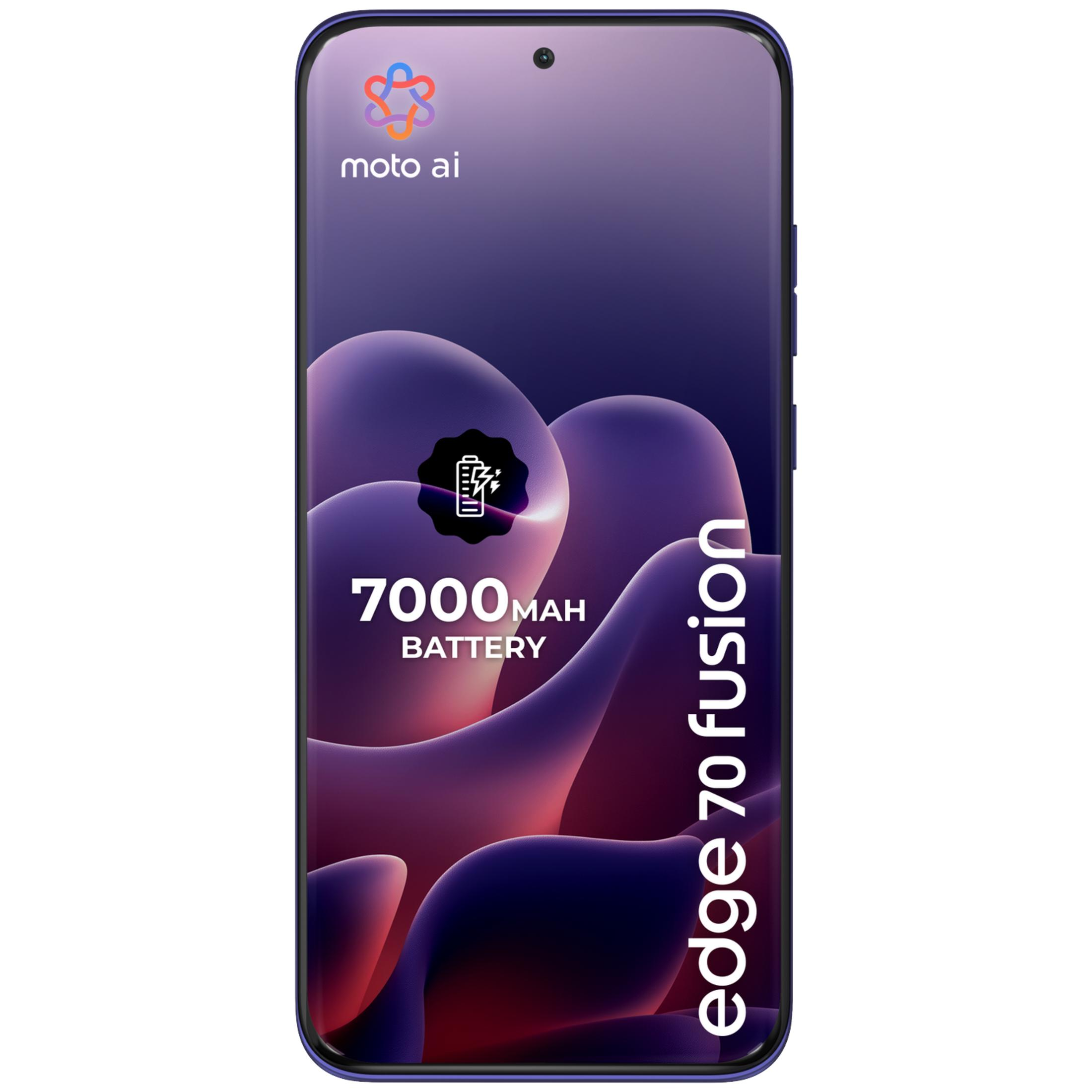 Smartphone Moto Edge 70 Fusion con batteria da 7000mAh e sfondo viola.