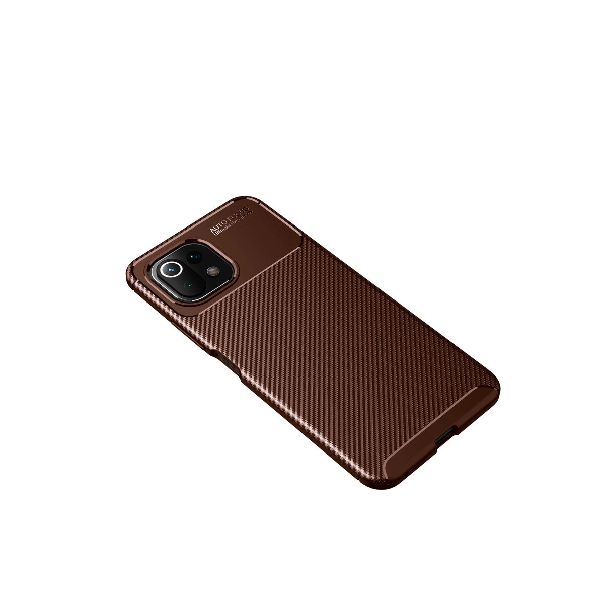 Beyaz arka planda kahverengi karbon fiber desenli akıllı telefon koruma kılıfı.
