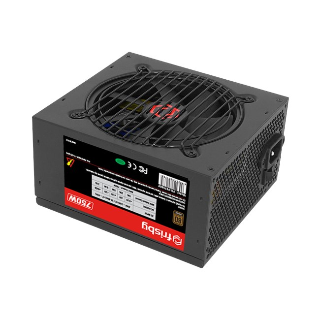 Üstünde fan ızgarası ve yanında ürün etiketi olan siyah 750W güç kaynağı, beyaz arka planda.