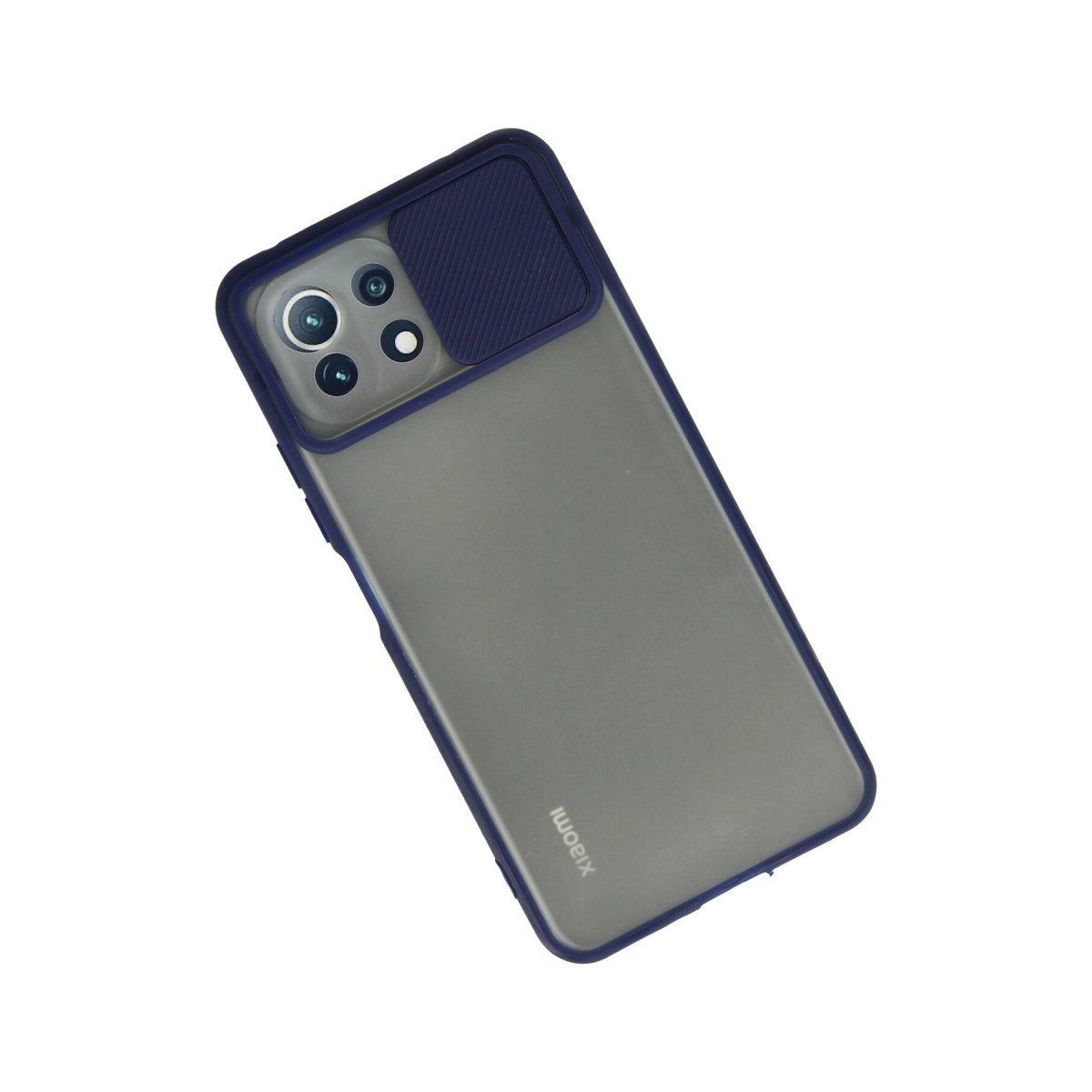 Mavi kenarlı ve sürgülü kamera kapaklı gri koruyucu kılıf içindeki bir Xiaomi akıllı telefon.