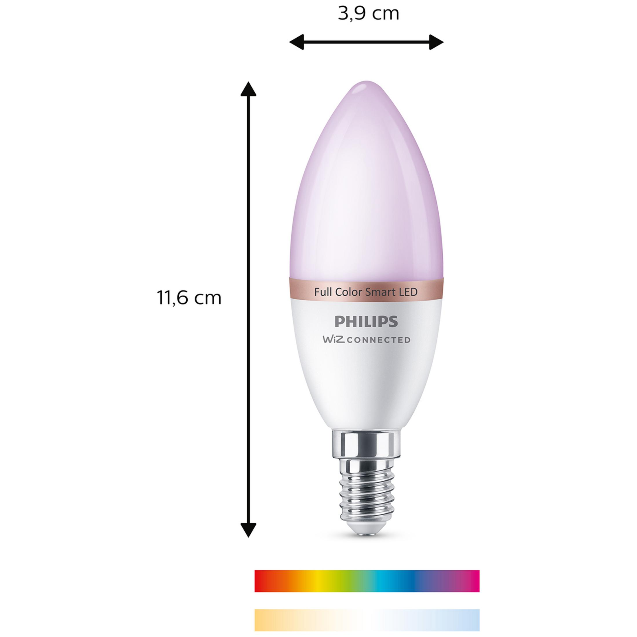 Żarówka LED Philips WiZ Connected o wysokości 11,6 cm i szerokości 3,9 cm z paski spektrum kolorów na dole.