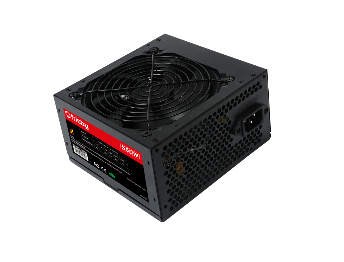 Beyaz arkaplanda büyük fanlı ve etiketli siyah renkli 550W Frisby bilgisayar güç kaynağı.