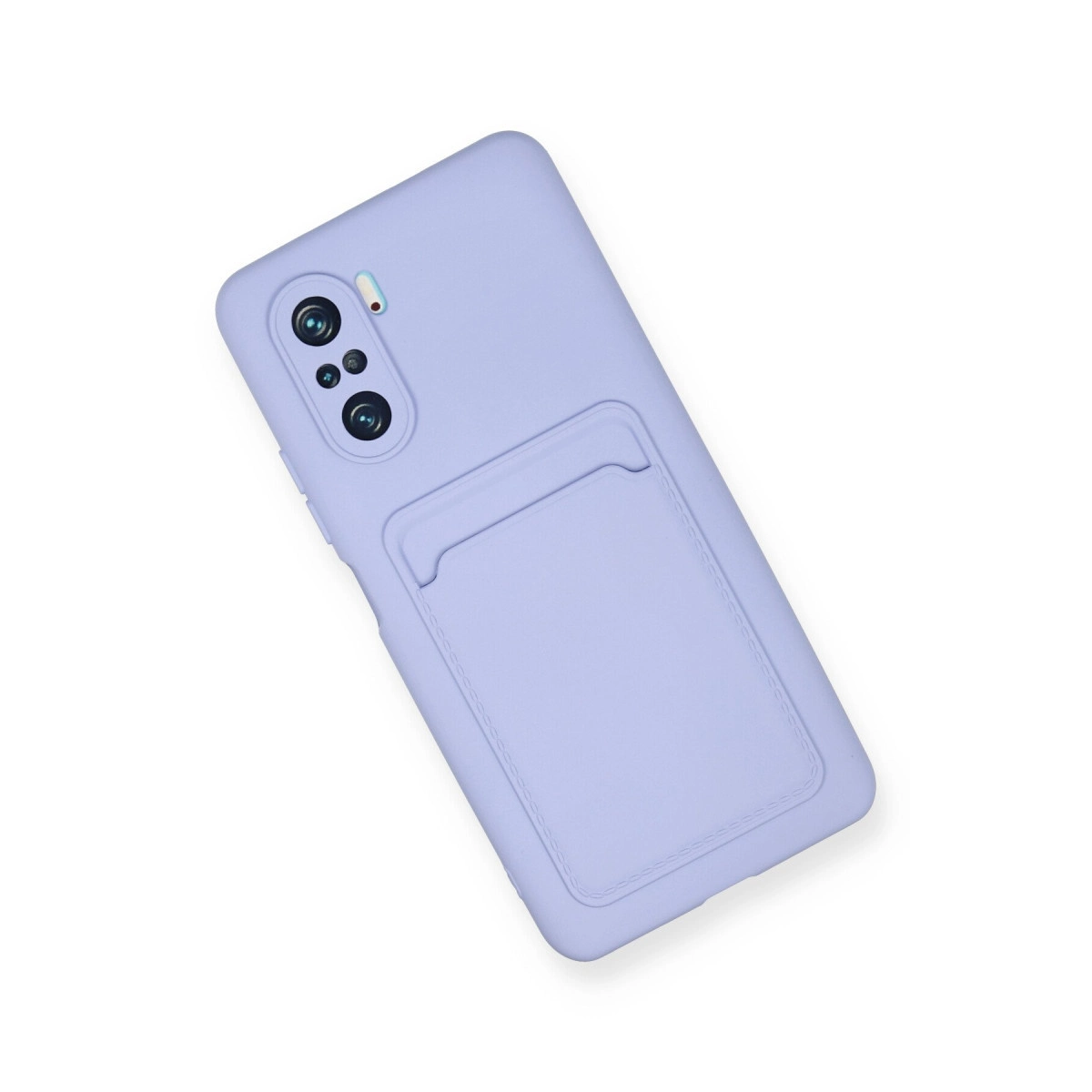 Arka tarafında entegre kart tutucu bulunan açık mor akıllı telefon kılıfı, beyaz arka planda.