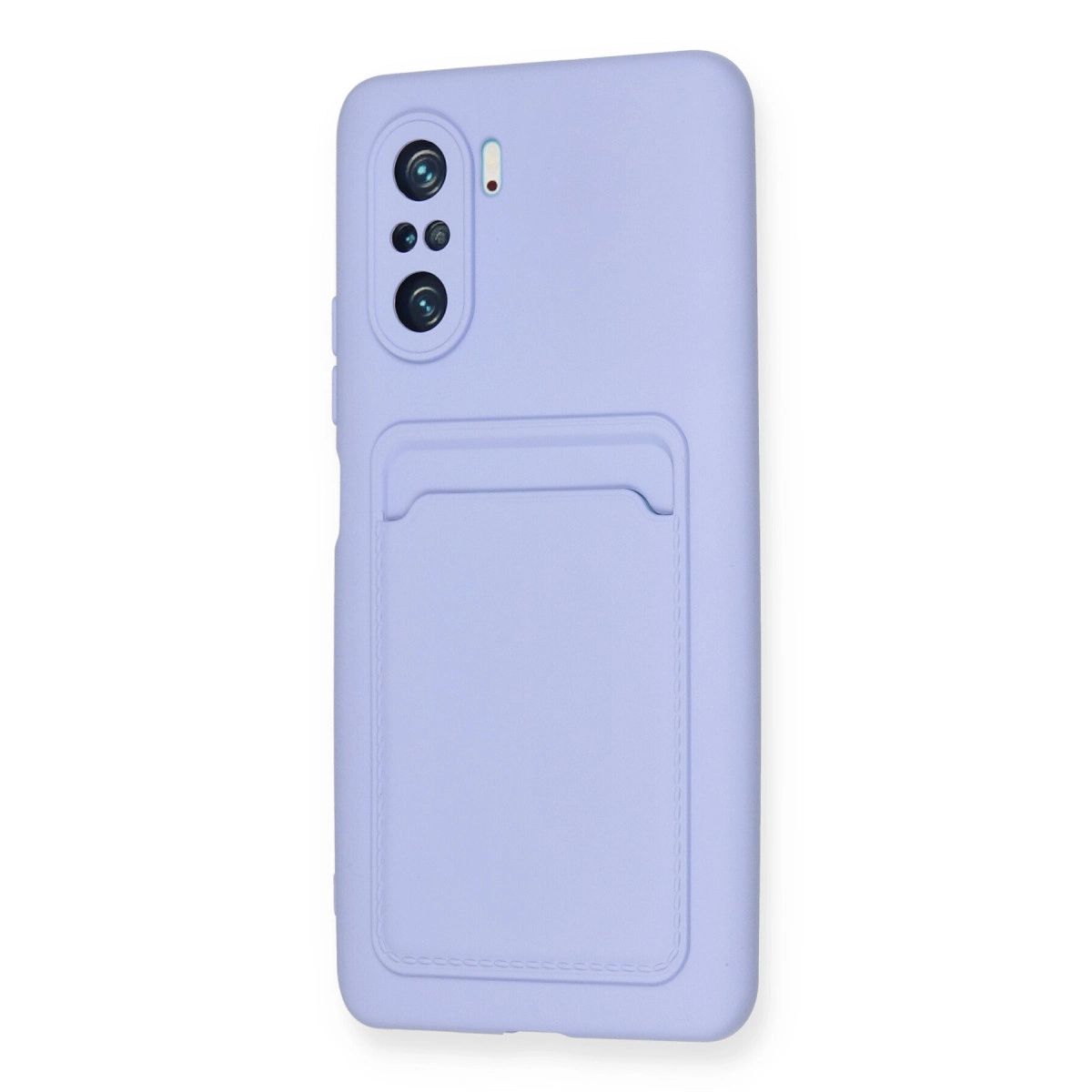 Arkada entegre kart cebi ve dikey kamera kesimi olan açık mor akıllı telefon kılıfı.