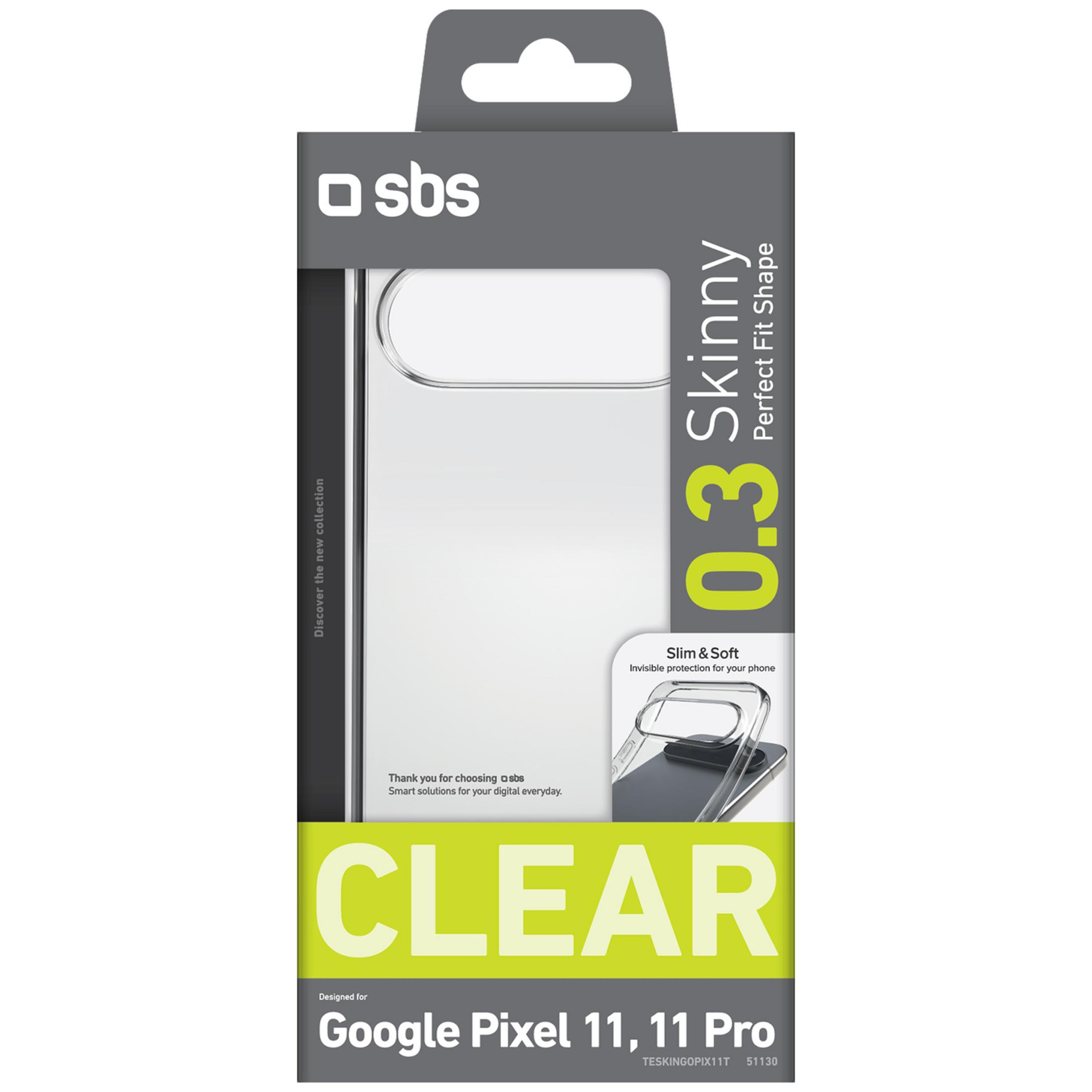 Embalaje para funda protectora SBS 0.3 Skinny Clear para Google Pixel 11 y 11 Pro.