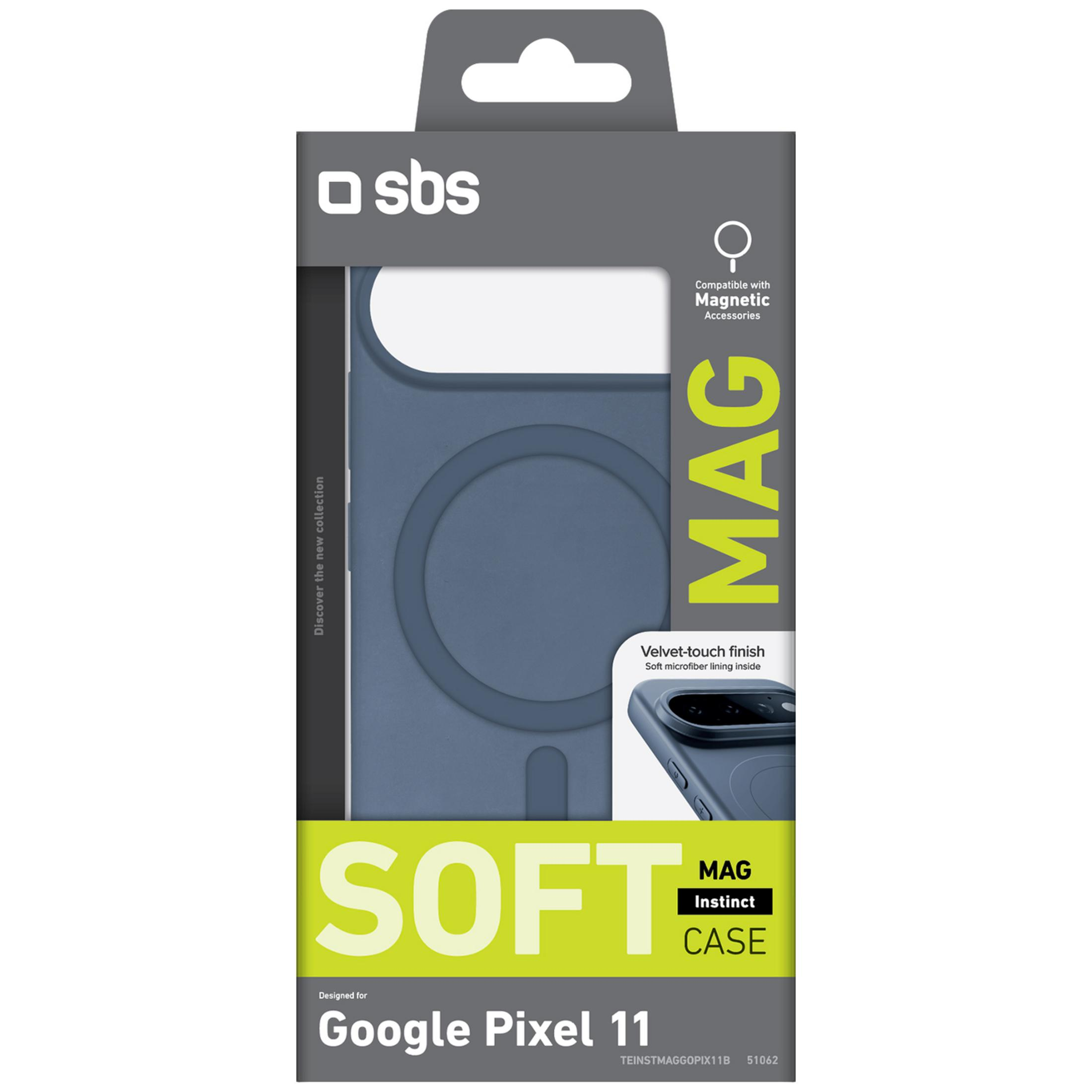 Embalaje para funda azul SBS Soft Mag para Google Pixel 11, con compatibilidad para accesorios magnéticos.