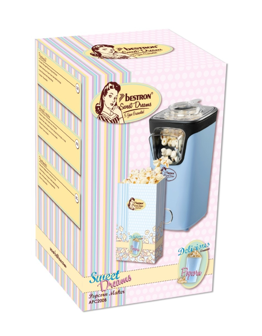 Confezione di una macchina per popcorn azzurra Bestron Sweet Dreams con popcorn e design retro.
