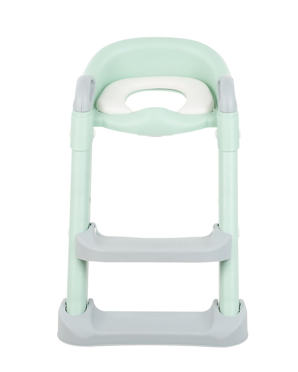 Pastellgrüner Toilettentrainer für Kinder mit weißem Sitz und zwei grauen Stufen.