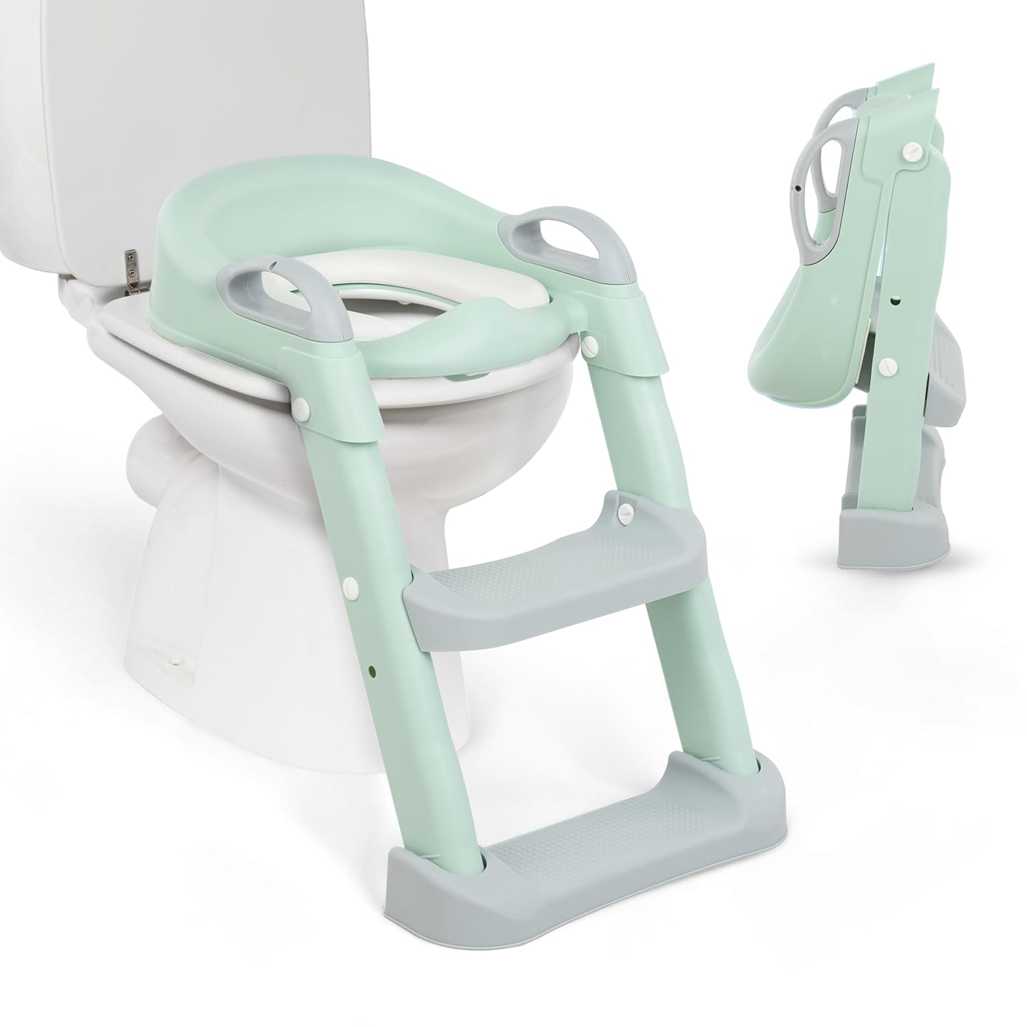 Ein mintgrüner und grauer Toilettentrainer mit Treppe auf einer Toilette, rechts im eingeklappten Zustand.