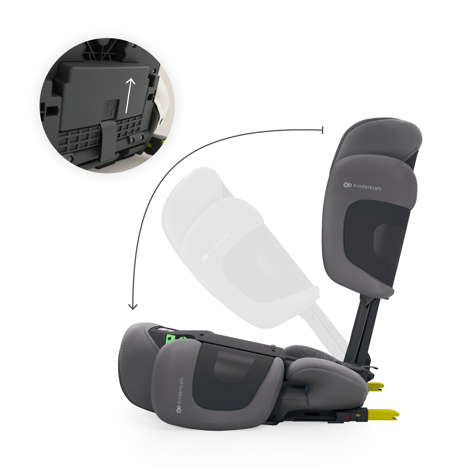 Silla de coche gris con respaldo ajustable y detalle del mecanismo de plegado.