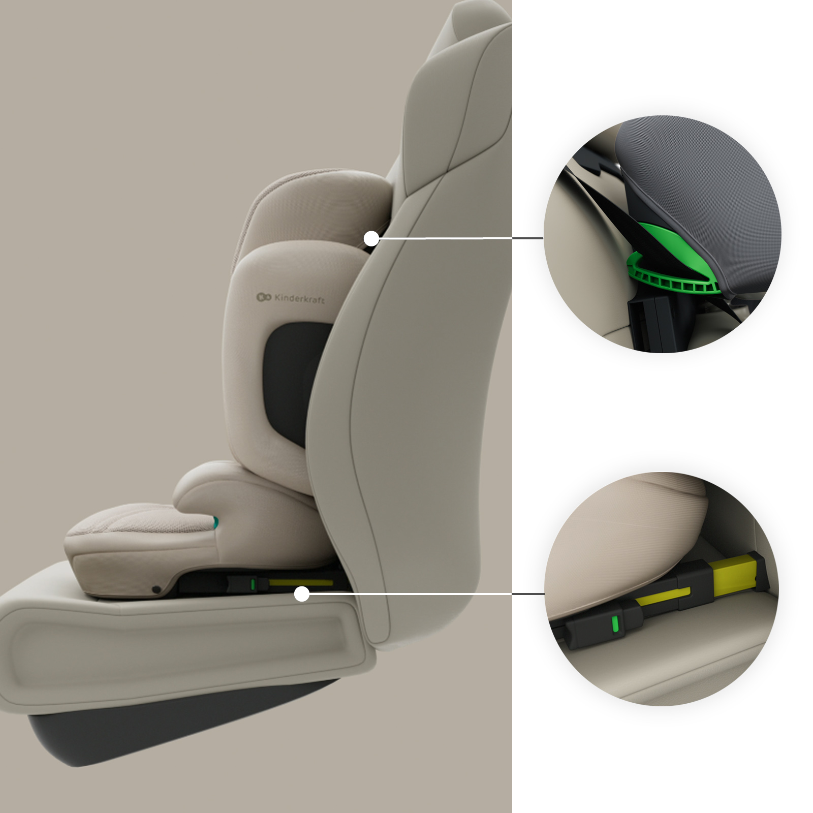 Silla de coche infantil beige con dos círculos ampliados que muestran la guía del cinturón y el pestillo.