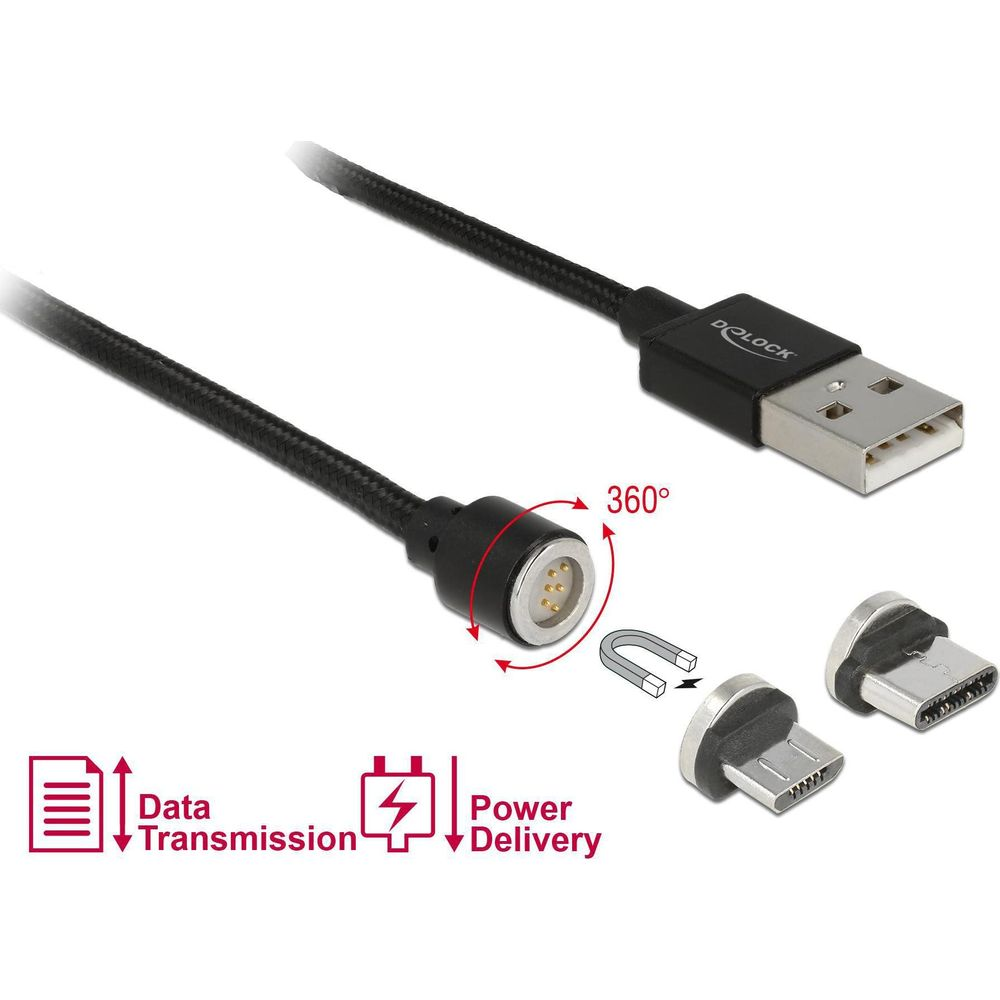 Cable USB magnético con conectores intercambiables y giro de 360 grados para datos y energía.