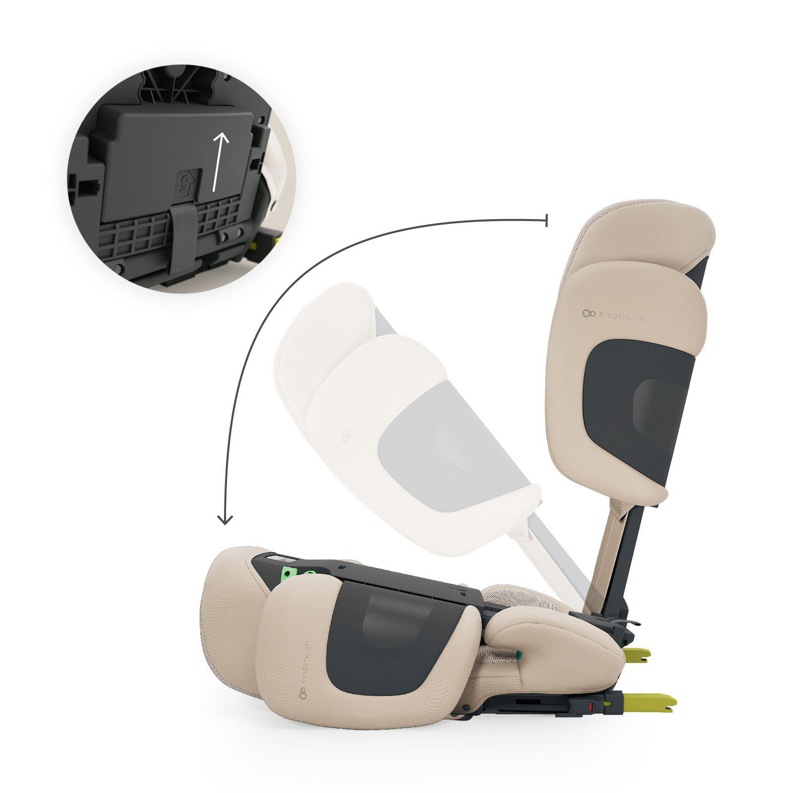 Una silla de coche para niños beige doblándose, con un detalle circular que muestra un mecanismo.