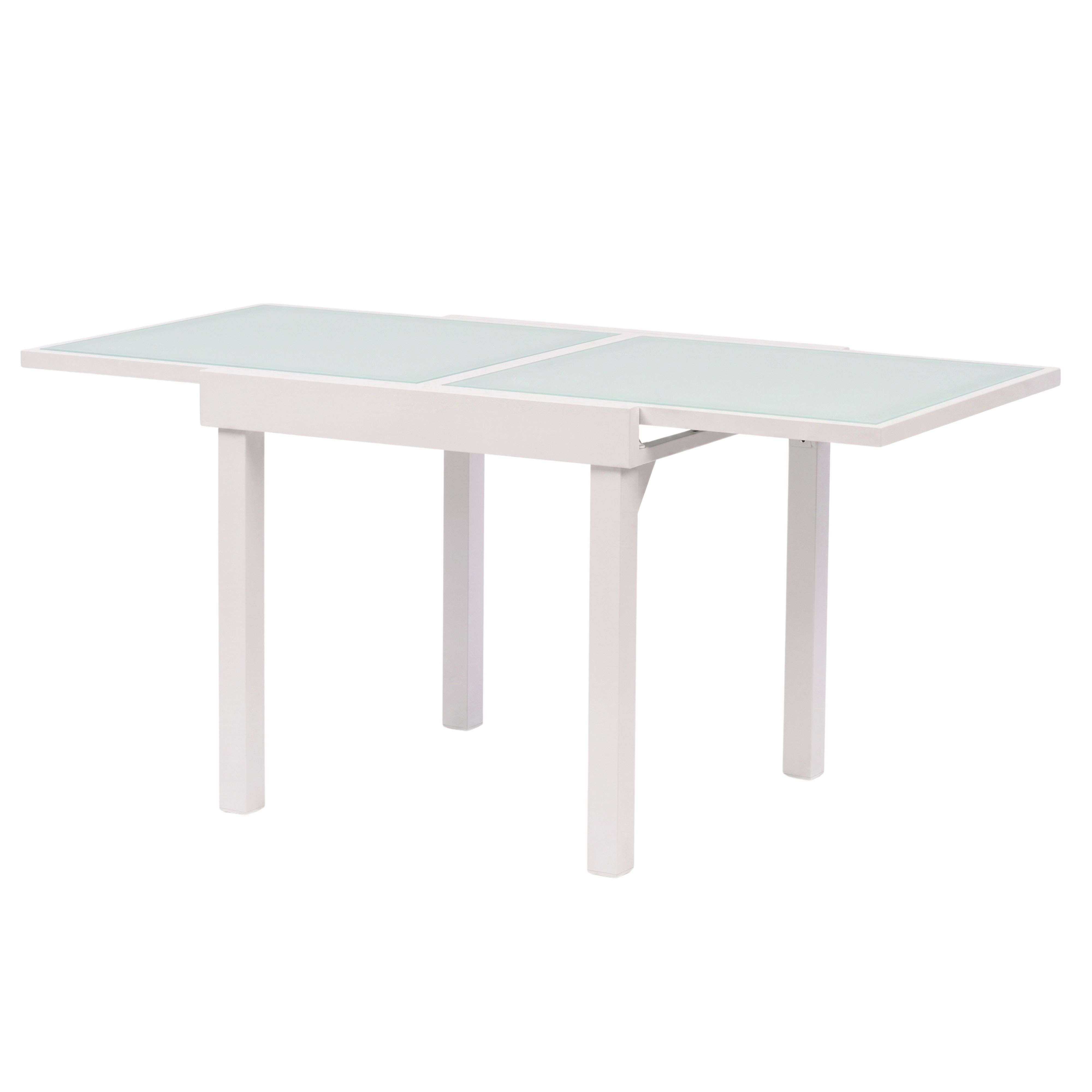 Mesa de comedor extensible blanca con paneles de vidrio esmerilado sobre un fondo blanco.