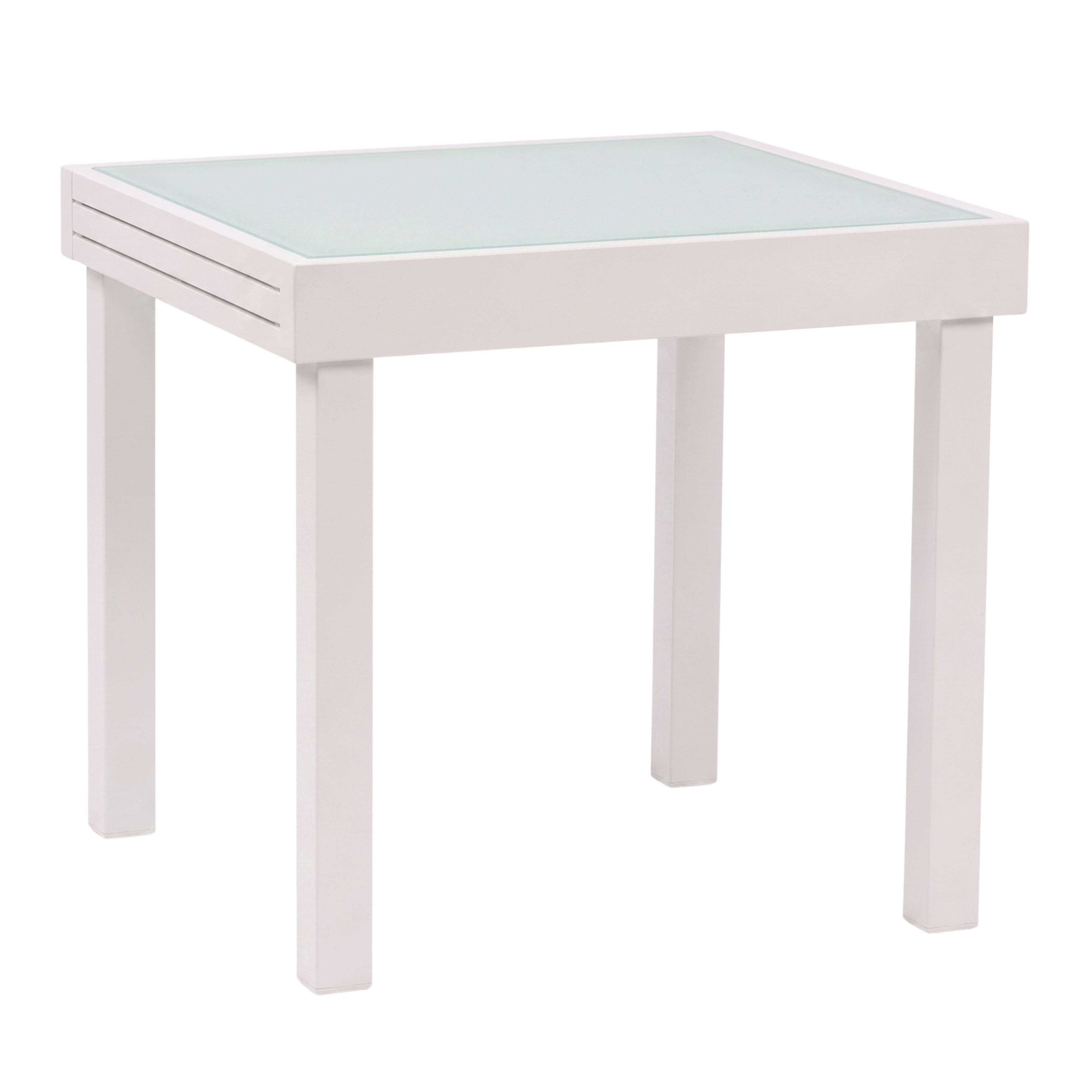 Una mesa cuadrada blanca con cuatro patas robustas y un tablero de vidrio verde claro sobre fondo blanco.