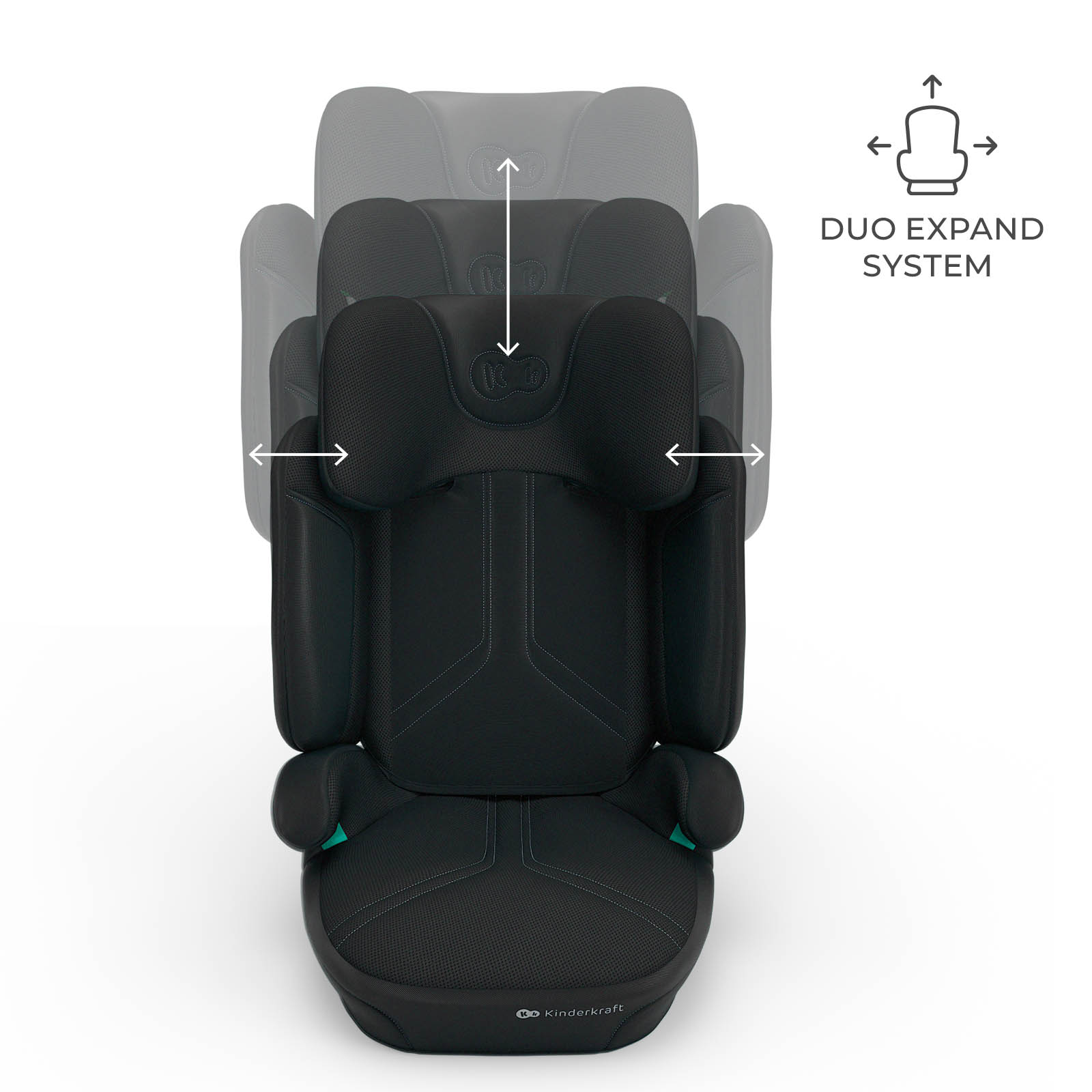 Silla de coche infantil negra con sistema Duo Expand para ajustar la altura y anchura.