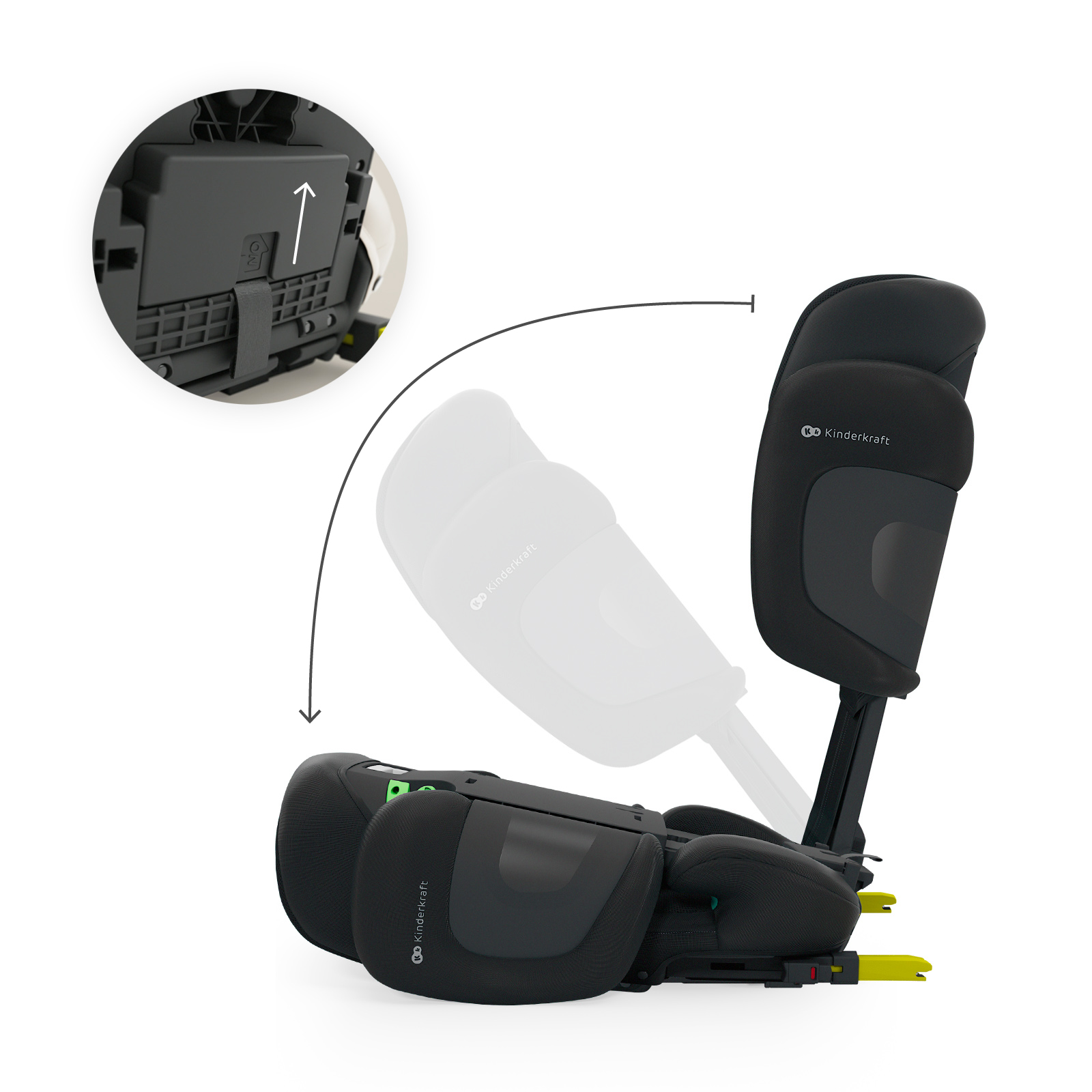Un asiento de coche infantil negro plegable con un primer plano que muestra una palanca con una flecha hacia arriba.