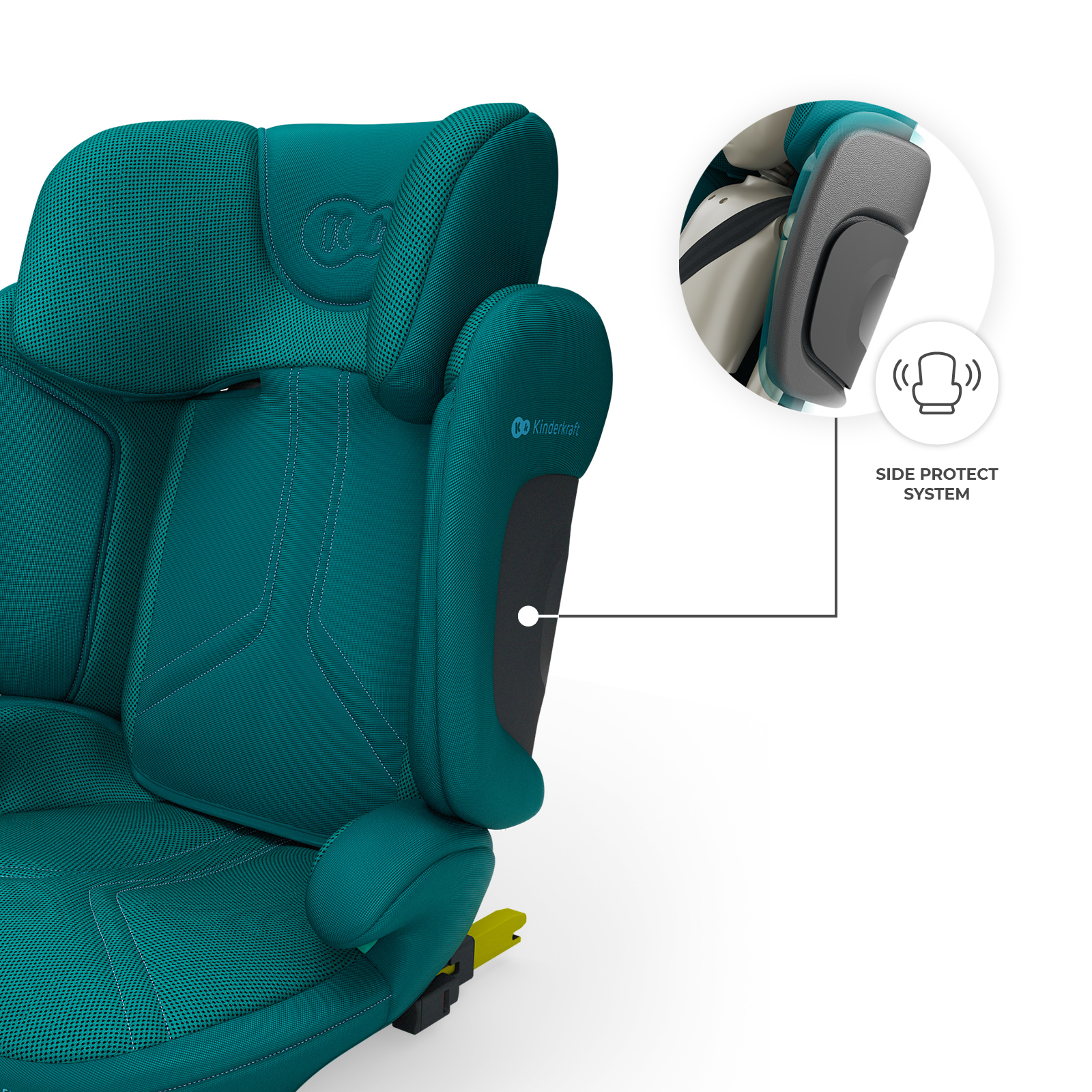 Silla de coche infantil turquesa que destaca el sistema de protección lateral con una imagen insertada sobre fondo blanco.