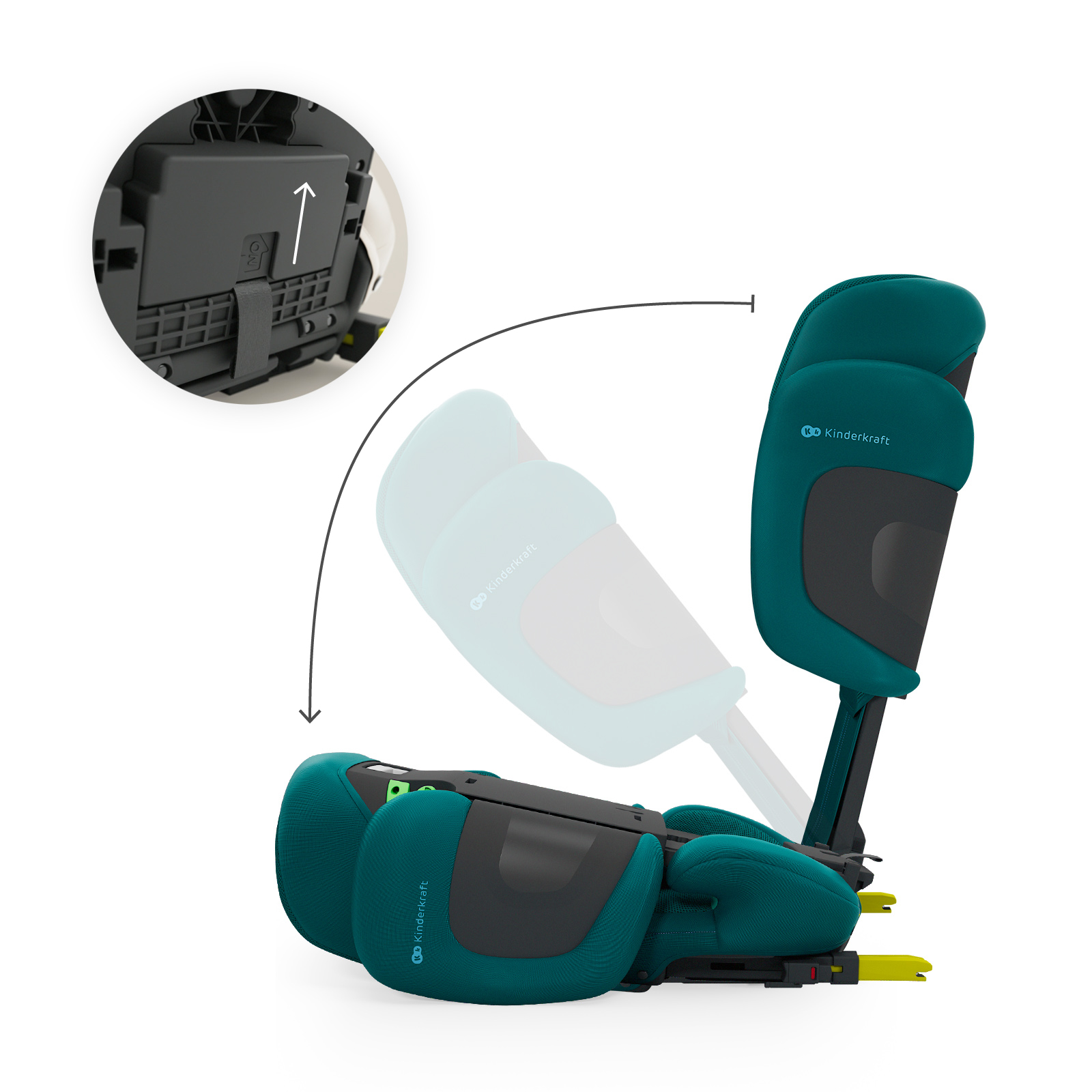 Asiento de coche infantil verde con respaldo plegable sobre fondo blanco, incluyendo un primer plano del mecanismo.