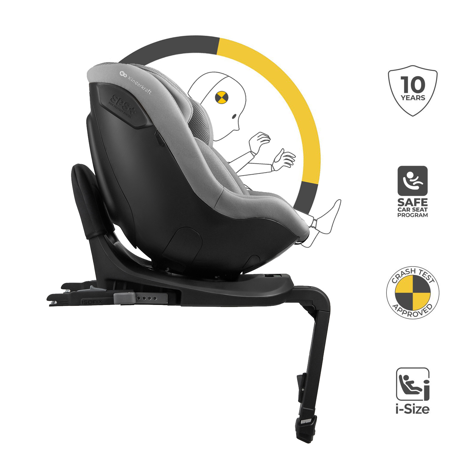 Grauer Kindersitz mit Basis, Isofix und Crash-Test-Zertifikat.