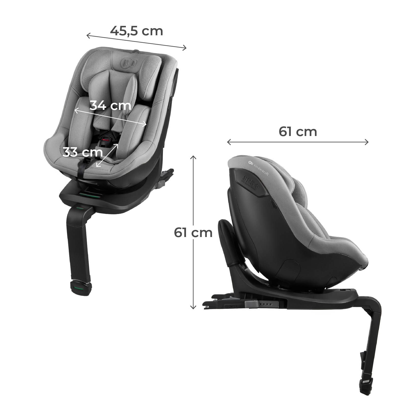 Grauer Kinderautositz mit Isofix-Base und Maßangaben in Zentimetern für Höhe und Breite.