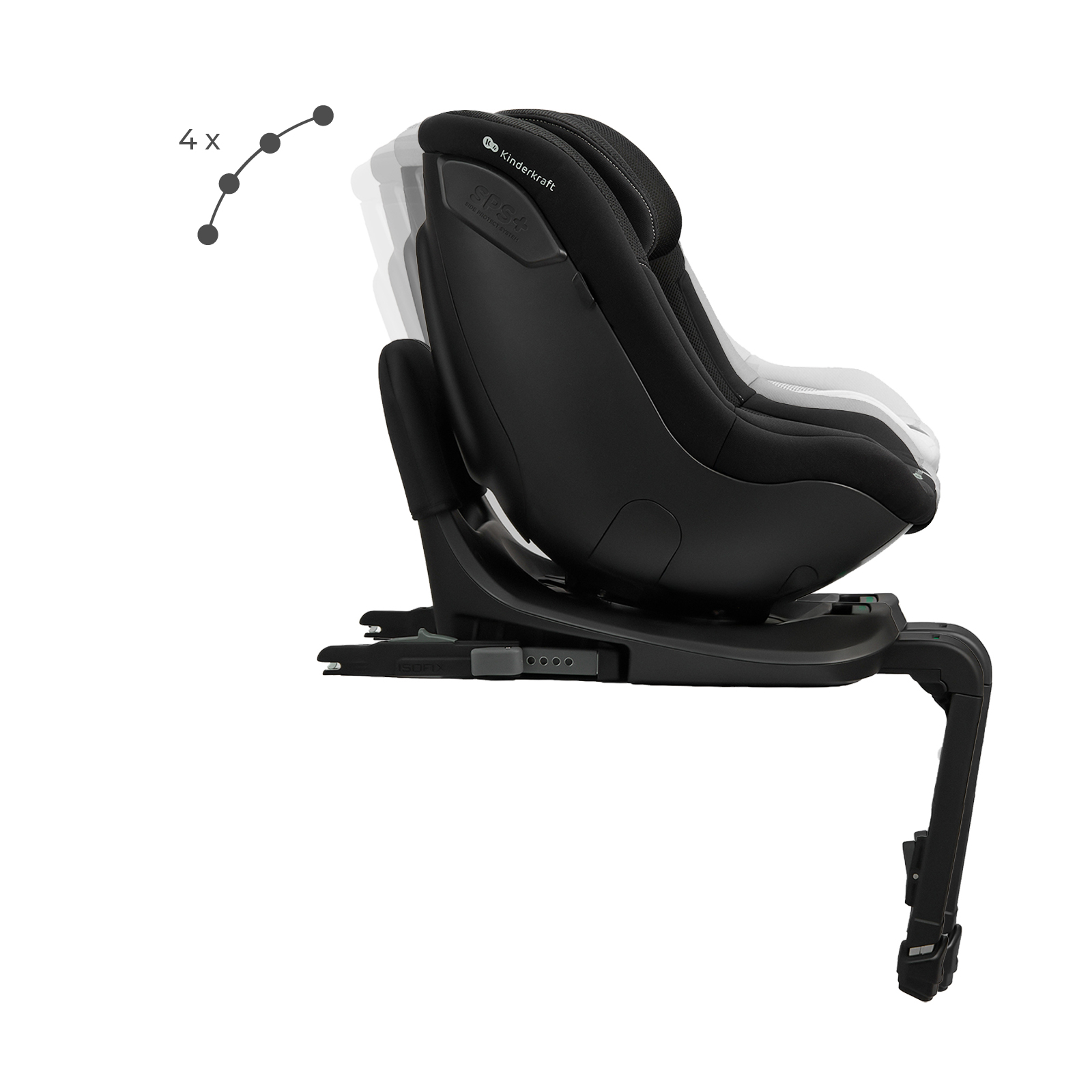 Schwarzer Kinderautositz auf ISOFIX-Basis mit vierfach verstellbarer Rückenlehne.