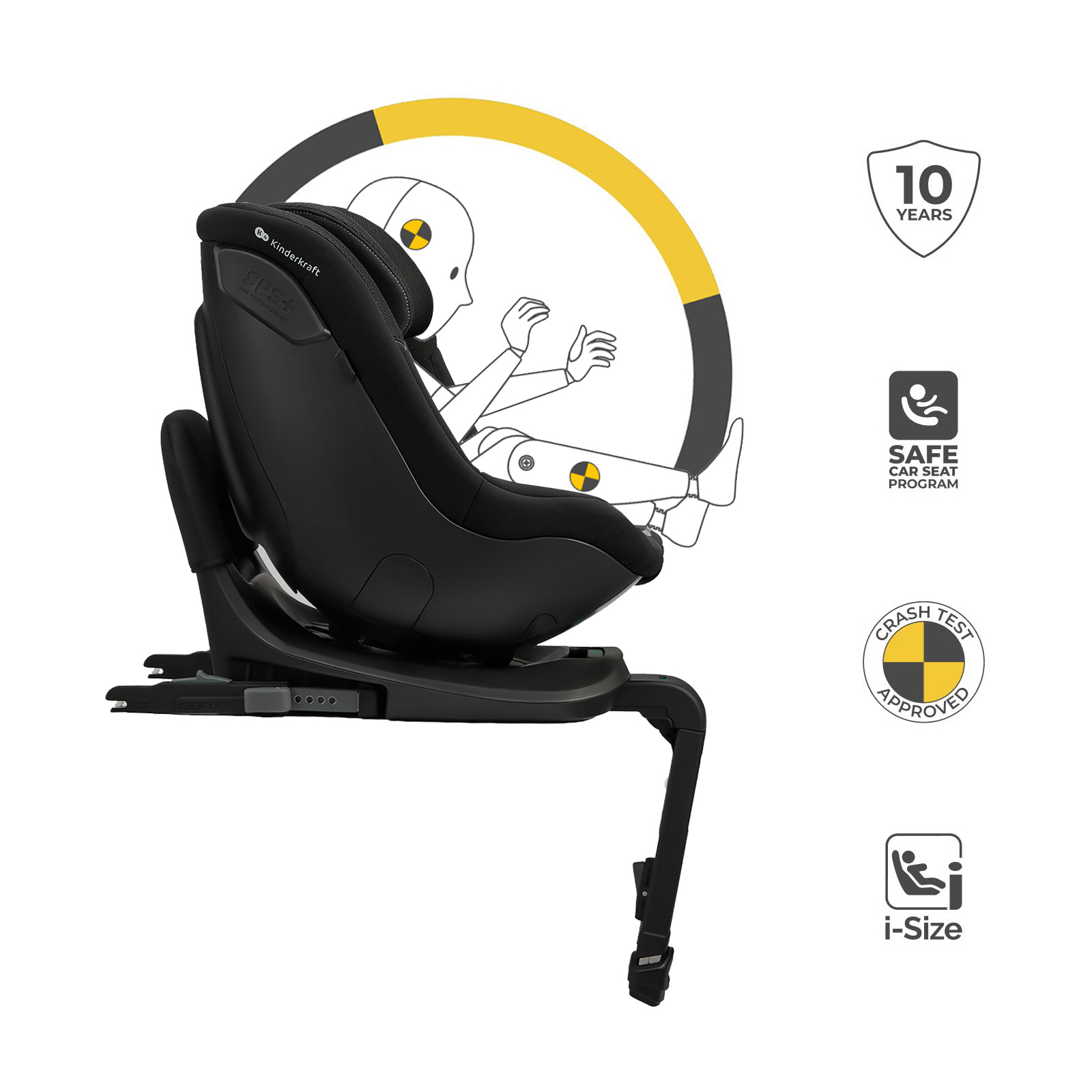 Ein schwarzer Kindersitz mit Isofix-Basis, Seitenhalt und Sicherheitssymbolen rechts.