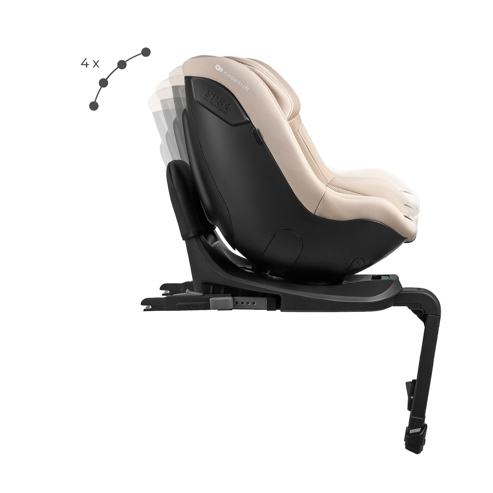 Beige und schwarzer Kinderautositz auf ISOFIX-Basis mit vierfach verstellbarer Neigung, seitlich dargestellt.